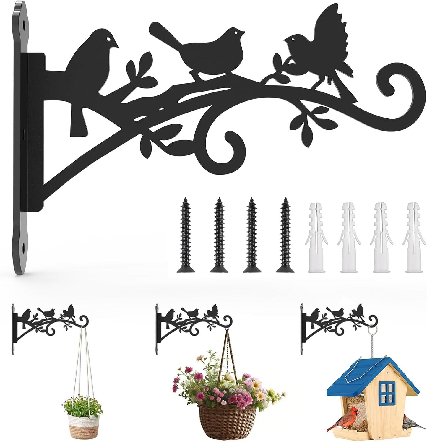 Metal Hanging Plant Bracket with Birdie Pattern 2 Pack – Heavy Duty Plant Hooks for Hanging Flower Baskets，Plants, Bird Feeder, Wind Chime - Indoor/Outdoor Use，Black Matte Texture (9 in)