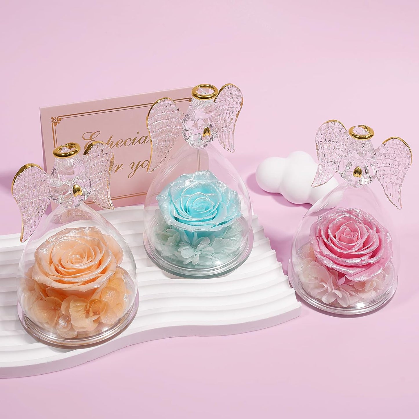 Yamonic Mom Birthday Gifts for Mom,Angel Figurines with Real Rose Gifts for Her Women Grandma, Preserved Flowers Rose Angel Figurines for Mothers Day Christmas Anniversary Wife Gifts(Pearl Champagne)