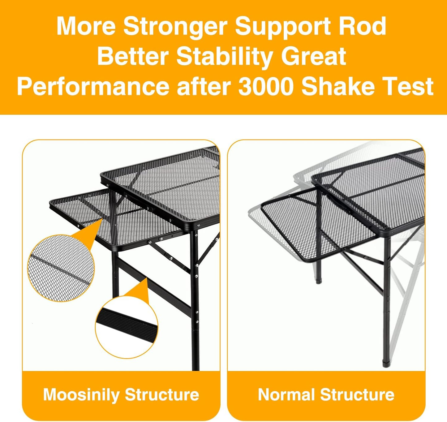 Grill Table 3FT+1.4 FT Folding Table with 2 Wing Panels with Mesh Desktop 2 Height Adjustable Portable Grill for Outdoor Indoor Beach BBQ Picnic Travel RV Black