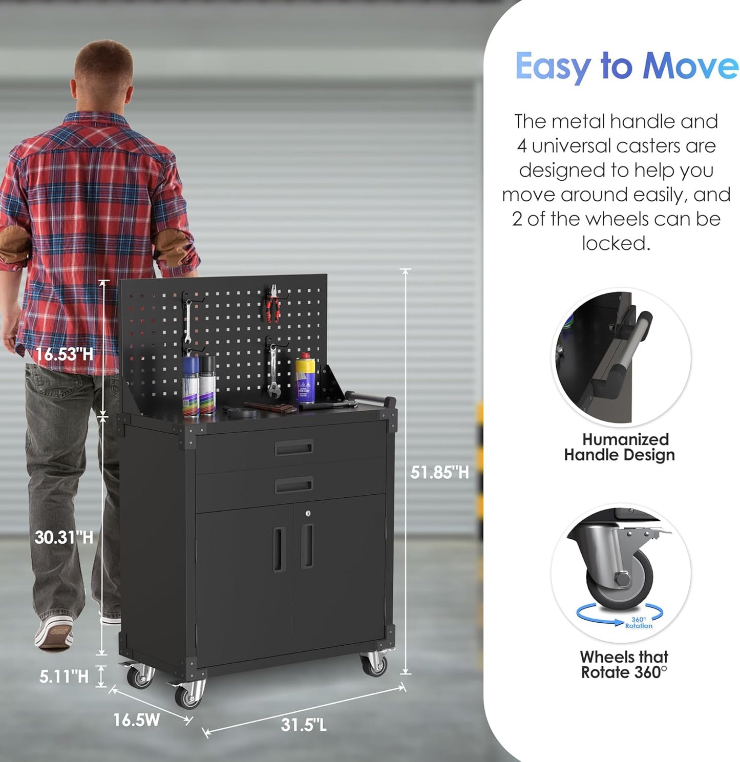 Tool Chest, Tool Cart with 2 Drawer and Lockable Doors, Garage Storage Cabinet with Wheels, Pegboard and 4 Hooks for Garage, Workshop, Metal Tool Storage Cart