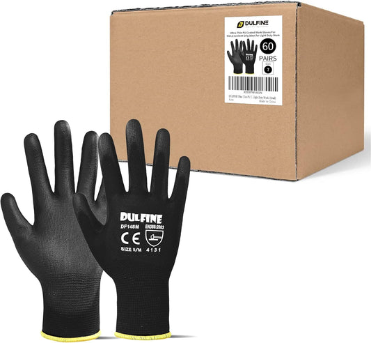 DULFINE Ultra-Thin PU Coated Work Gloves-60 Pairs,Excellent Grip,Nylon Shell Black Polyurethane Coated Safety Work Gloves, Knit Wrist Cuff,Ideal for Light Duty Work. (Extra Large)