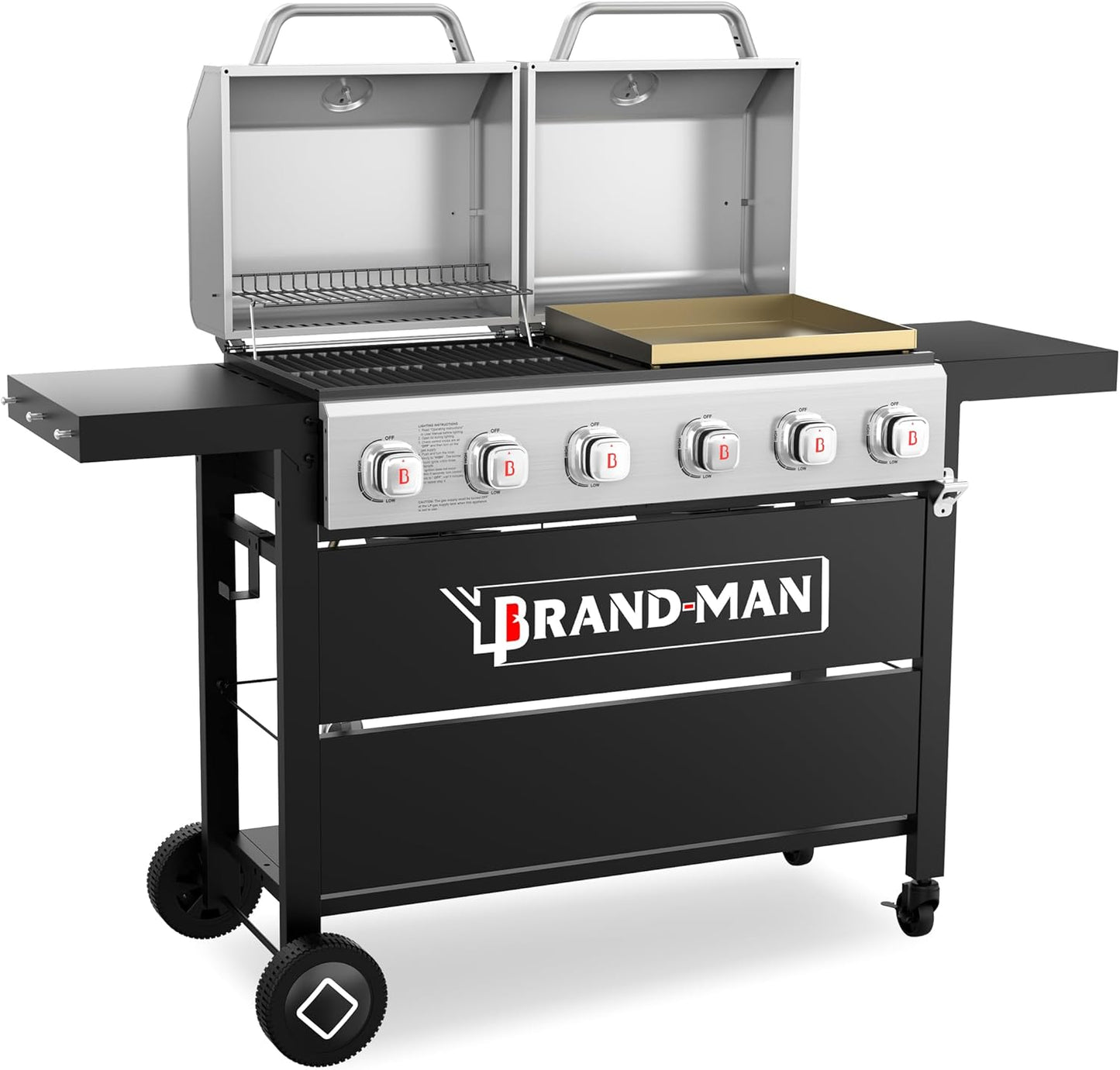 Brand-Man Griddle Grill Combo 6-Burner, 2 in 1 Versatile Propane Gas Grill and Griddle with Double Stainless Steel Lids, BBQ Combo for Outdoor Kitchen & Backyard Barbecue Cooking