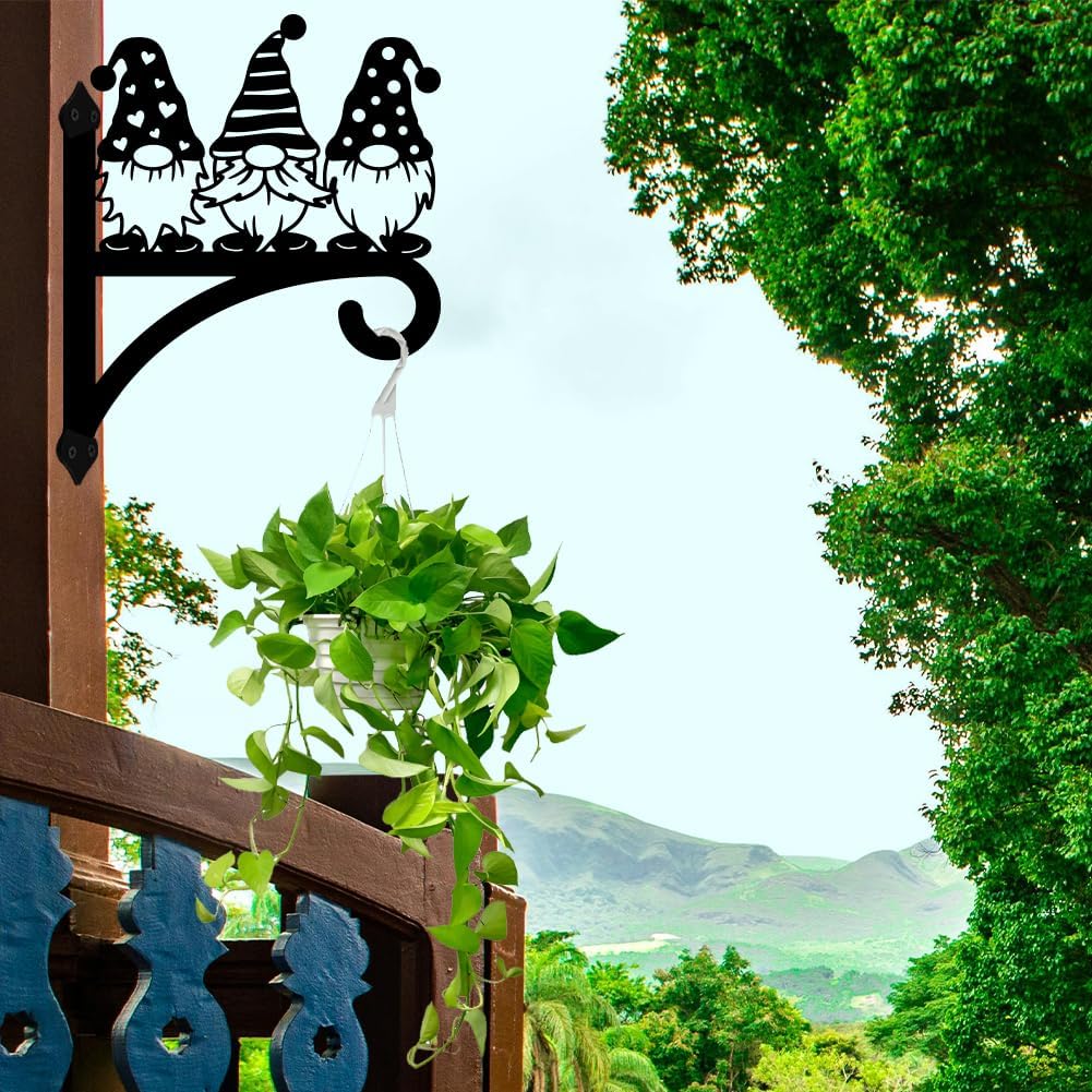 peacoblue Iron Plant Hangers Hooks for Outdoor Indoor Hanging Plants Flower Fern Pots, Lantern, Bird Feeder, 12”x14”Gnome Weather Resistant Metal Wall Brackets Holder for Porch, Garden, House(Gnome)