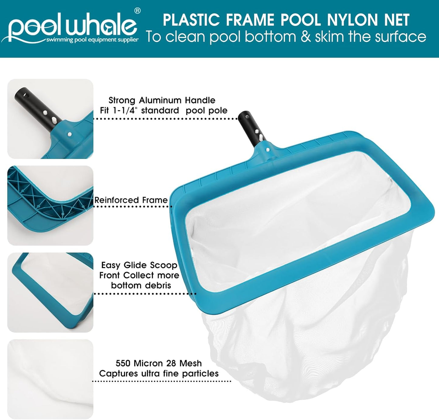 POOLWHALE Professional Pool Skimmer Net, Upgraded Extra Wide Scoop Edge, Swimming Leaf Rake with Ultra Fine Mesh Deep Nylon Net Bag - Pool Nets for Cleaning Leaves, Debris (Not Pole)
