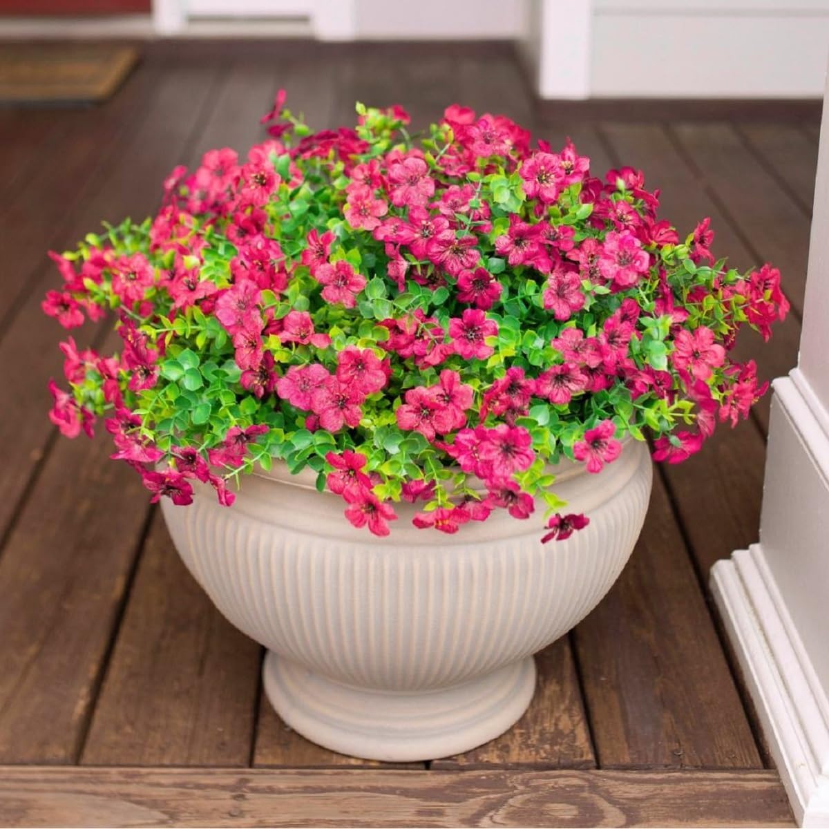 Artificial Flowers for Outdoor Indoor Garden Home Decoration, Faux Flower Daisy with Eucalyptus Leaves Fake Plants Greenery Boxwood Porch Patio, 12 Bundles (Rose Red)