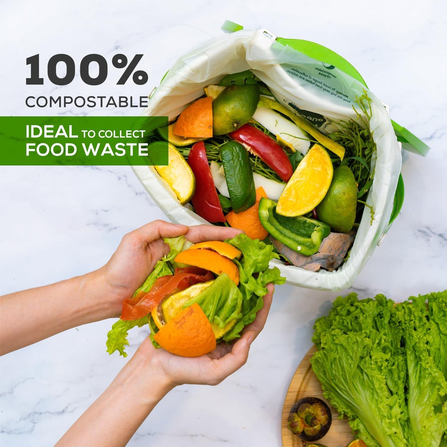 ANECO 100% Compostable Waste Bags 2.6 Gallon (Flat Top Bags, 50 Count) Extra Strong Kitchen Small Compost Bags for Countertop Bin (BPI & OK Compost HOME Certified)