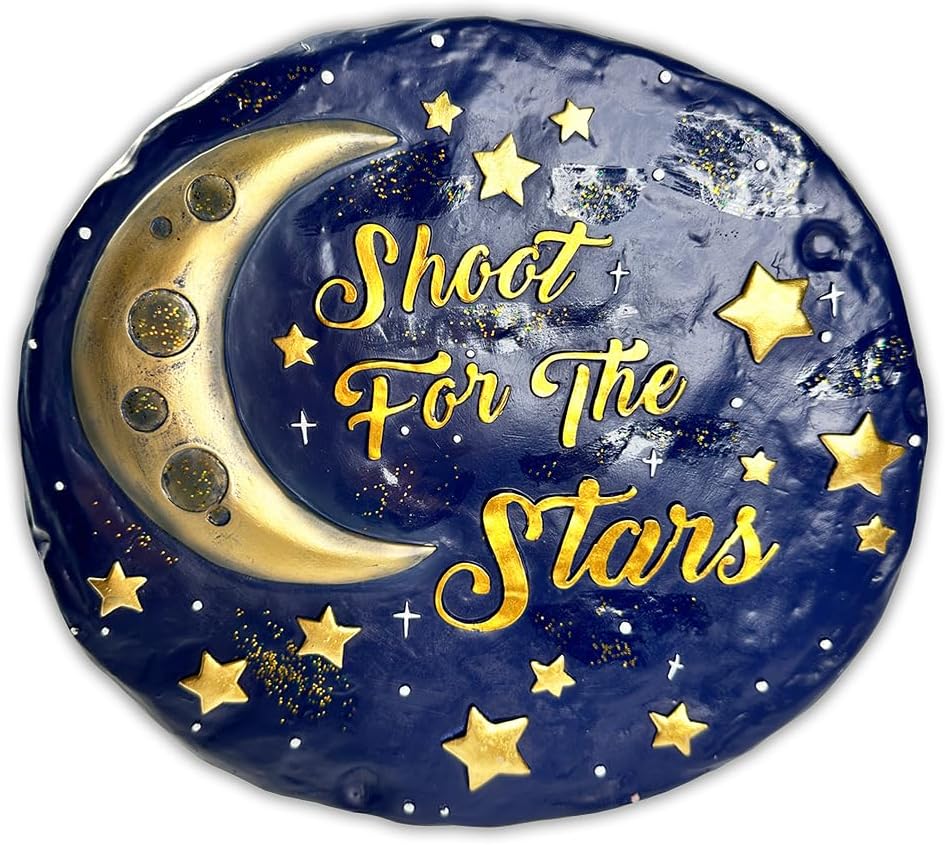 Elegant Resin Stepping Stone, Outdoor Garden Pathway Decoration (Shoot for The Stars Stepping Stone, 9.5" Galactic Moon and Stars Space Themed Gift)