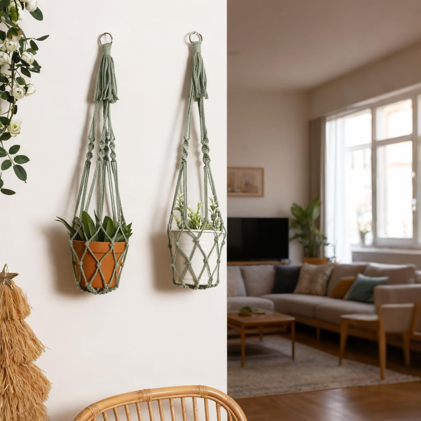 Artilady Macrame Hanging Planter for Indoor Plants, Boho Woven Plant Hanger Large Hanging Flower Pot Holders Outdoor Baskets Storage No Tassels Sage Green Wall Decor