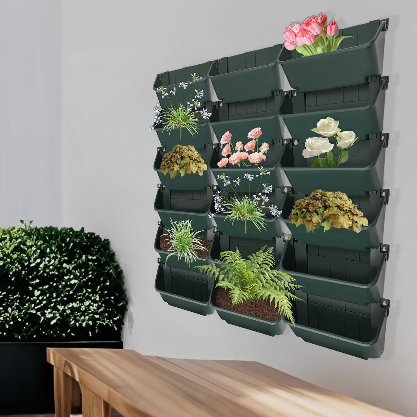 18 Pack Self Watering Wall Mounted Planter, Indoor and Outdoor Vertical Planter Wall Mounted Planter for Patio Outdoor Decor with Drainage Holes, Vertical Garden Planters for Indoor Plants- Army Green