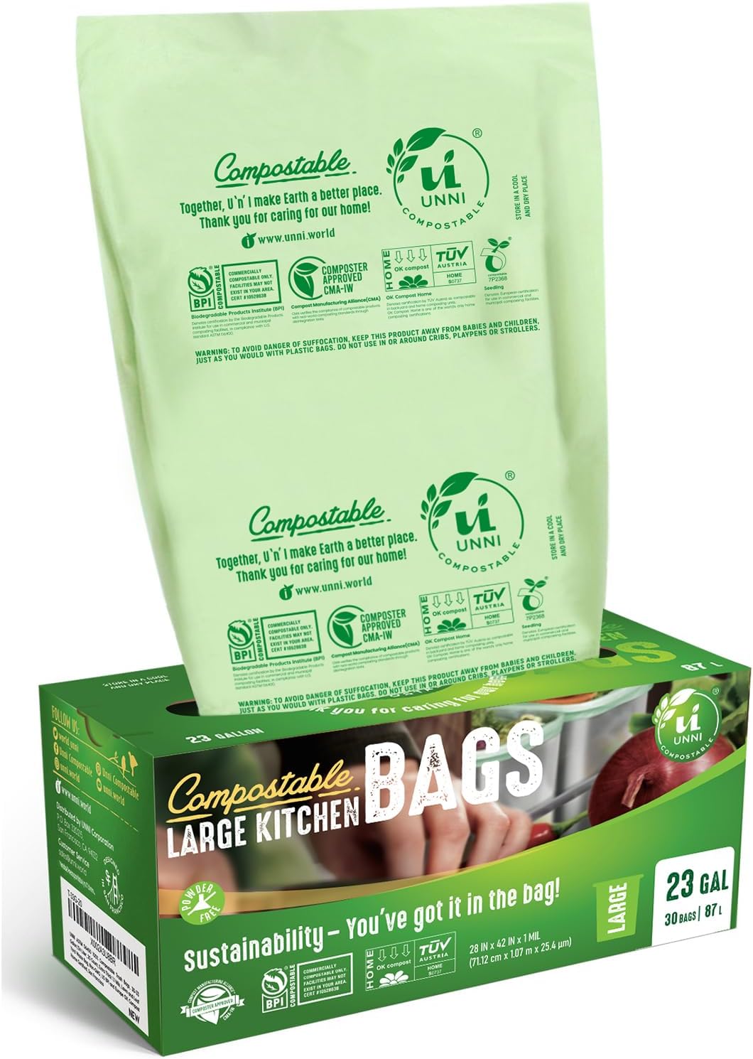 UNNI Compostable Trash Bags, 20-23 Gallon / 87 Liter, 60 Count Value Pack, Extra Thick 1.0 mil Large Bin Liners for Food Scrap, BPI, CMA & OK compost HOME Certified (Meets ASTM D6400)