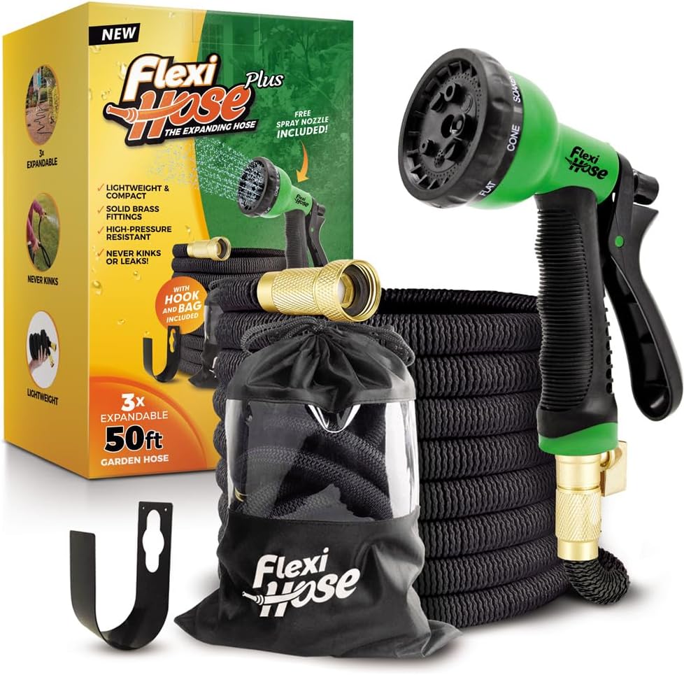 Flexi Hose PLUS with 8 Function Nozzle Expandable Garden Hose, Lightweight & No-Kink Flexible Garden Hose, 3/4 inch Solid Brass Fittings and Double Latex Core, 50 ft Black