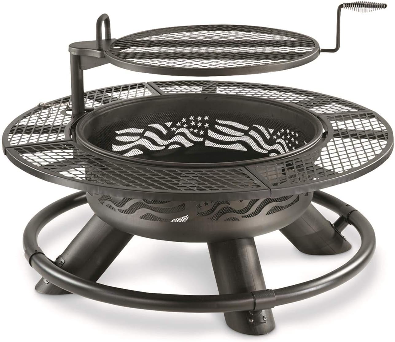 Castlecreek 47" Fire Pit BBQ Grill Outdoor Wood Burning Steel Log Firepit for Camping, Grilling, Smores, Yard, Cooking Outside, Barbecue, Bonfire Flag