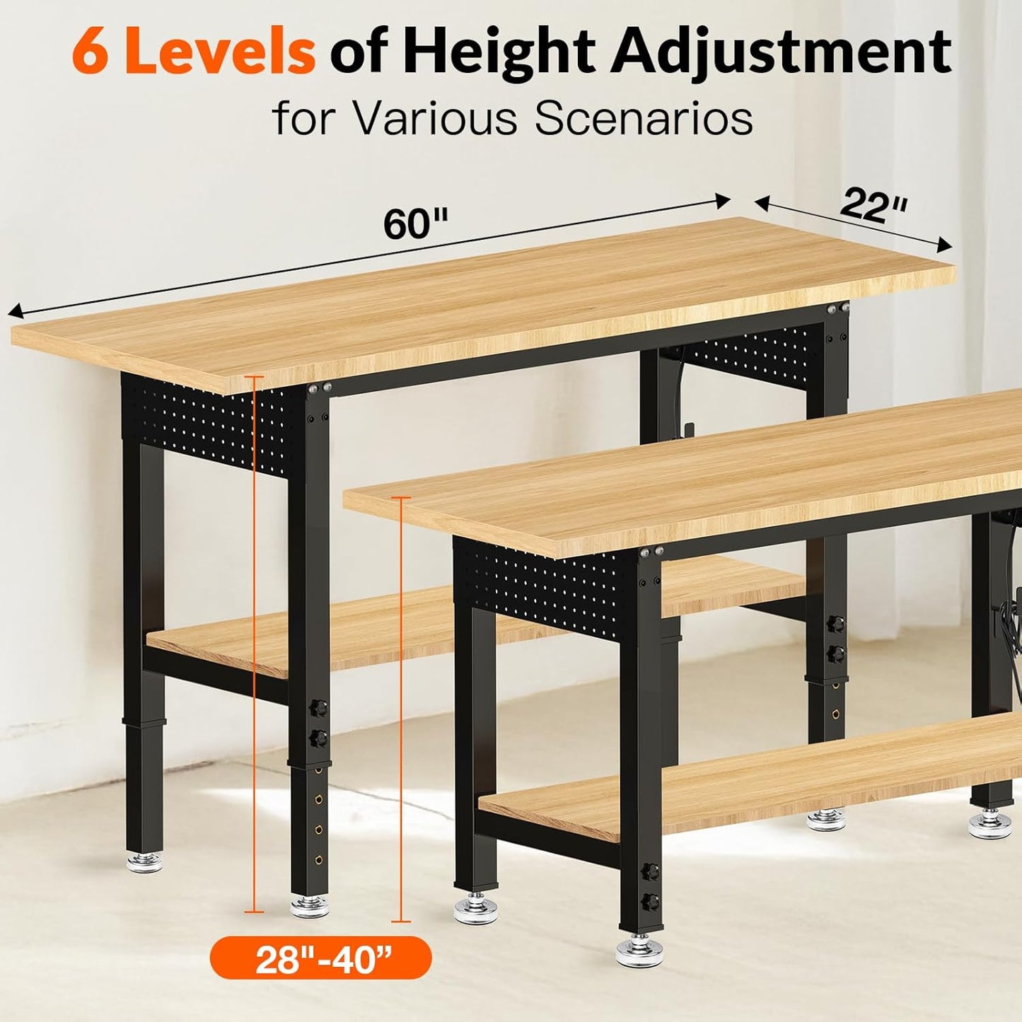 60“ Adjustable Height Workbench Work Bench for Garage Work Table with Under Table Shelf Heavy Duty Rubber Wood Top for Shop Woodworking, Office, Home, Commercial