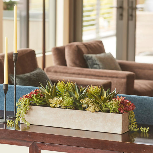 Oblong Faux Succulent Arrangement, 27" Premium Artificial Indoor Plant Enhances Interior Design, Display on any Surface in Your Home Adding an Inviting Touch of Nature, Natural Planter Pot Included