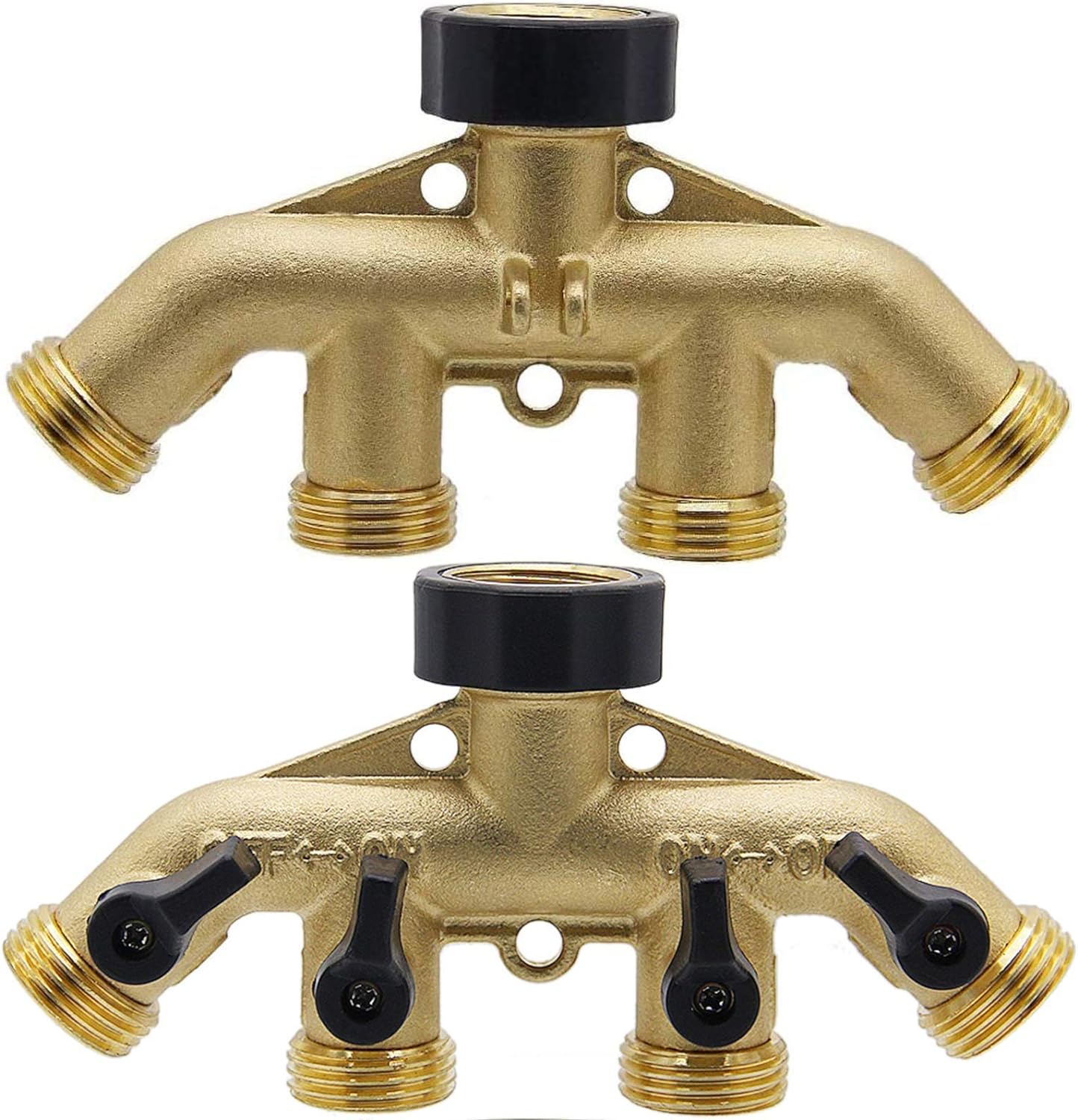 Biswing 4 Way Brass Hose Splitter, 3/4" Brass Hose Faucet Manifold, Garden Hose Adapter Connector, Hose Spigot Adapter with 4 Valves