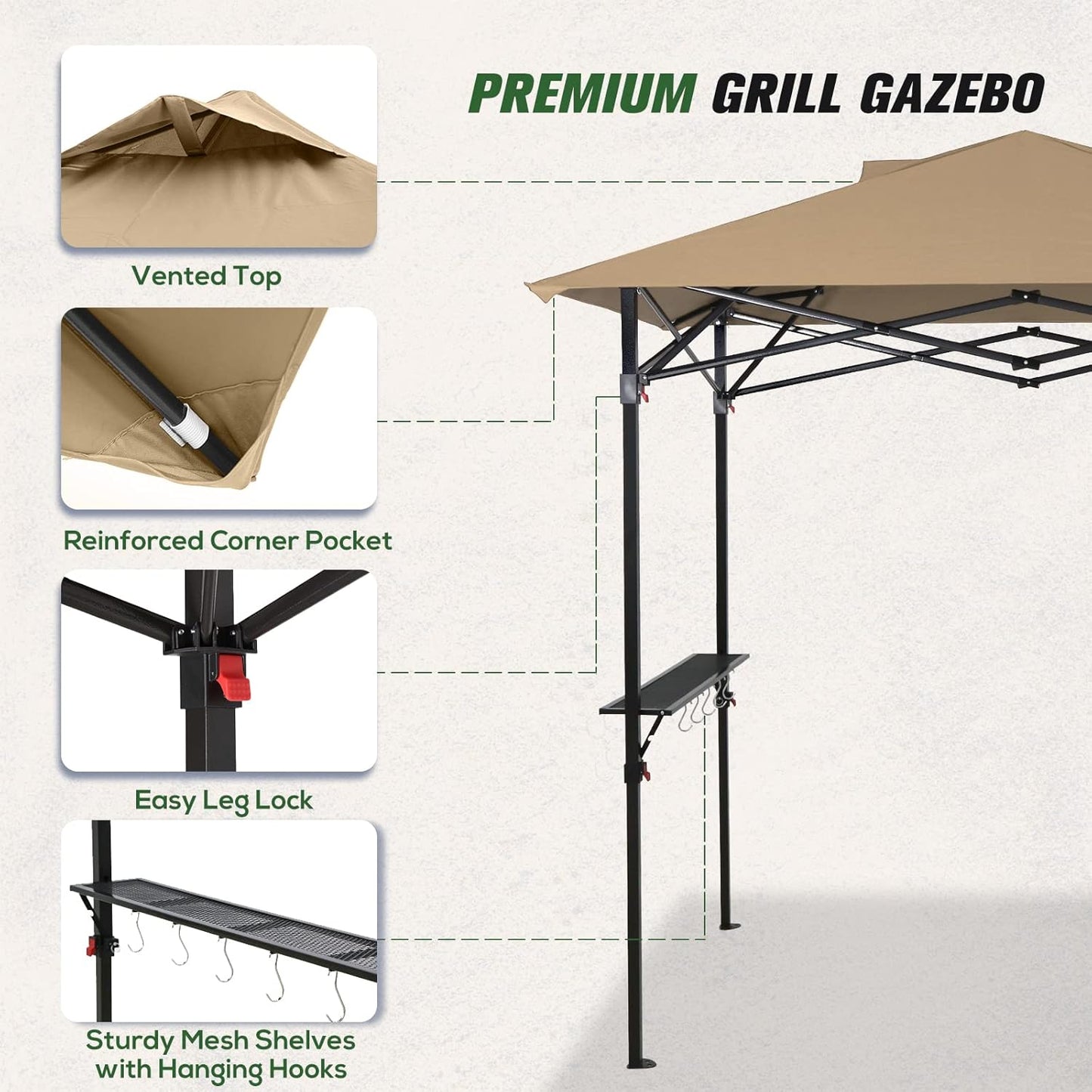 COOS BAY 8x5 Pop up Grill Gazebo Portable BBQ Gazebo Canopy Tent with Carry Bag, Outdoor Barbeque Shelter, Beige