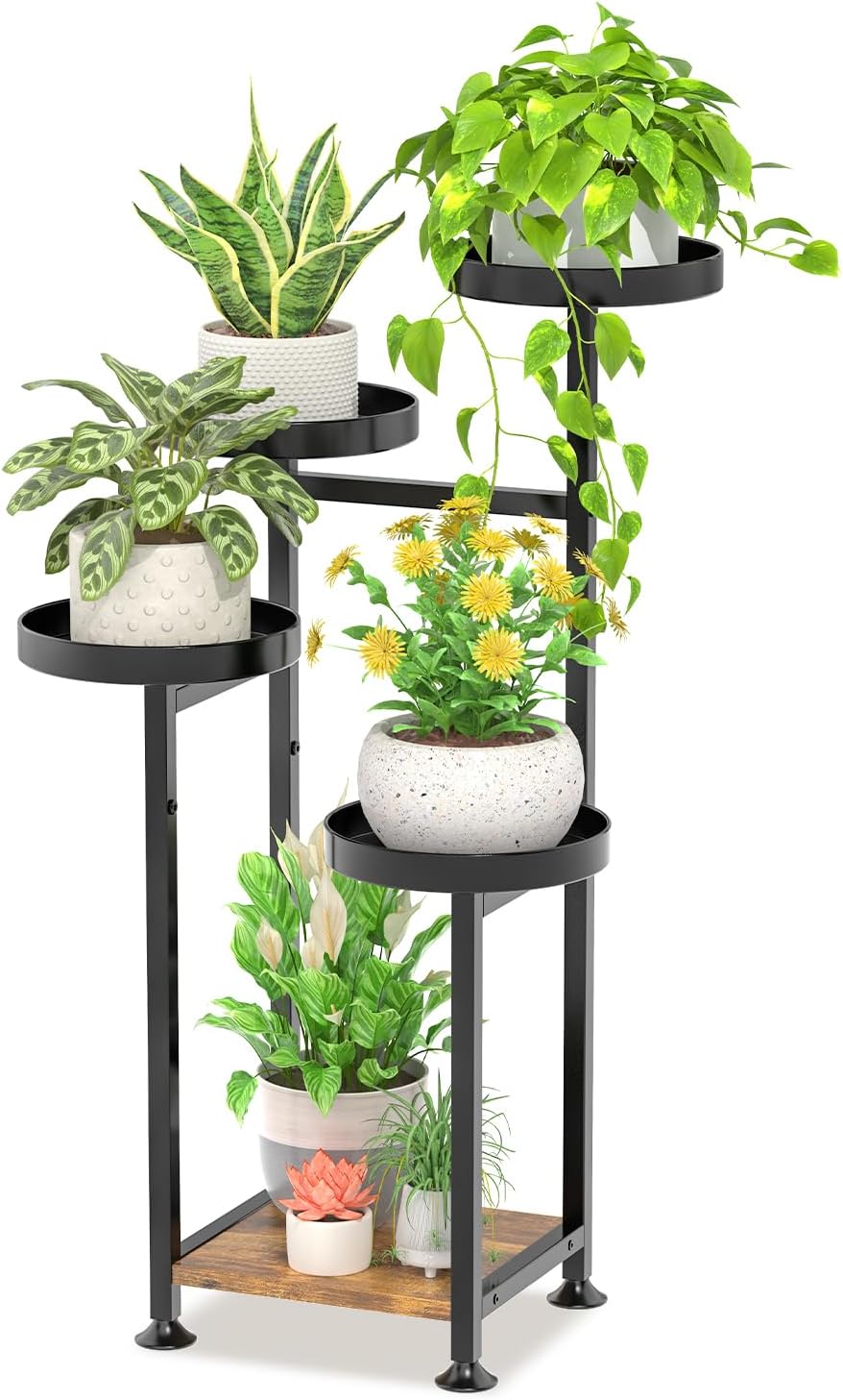 LASZOLA 5 Tiered Black Plant Stand Indoors for Multi Larger Heavy Duty Planter, Sturdy Flowers Rack for Narrow House Inside, Decorate for Herb Tree, Metal Ladder Shelving with Wood Base, Space Saving