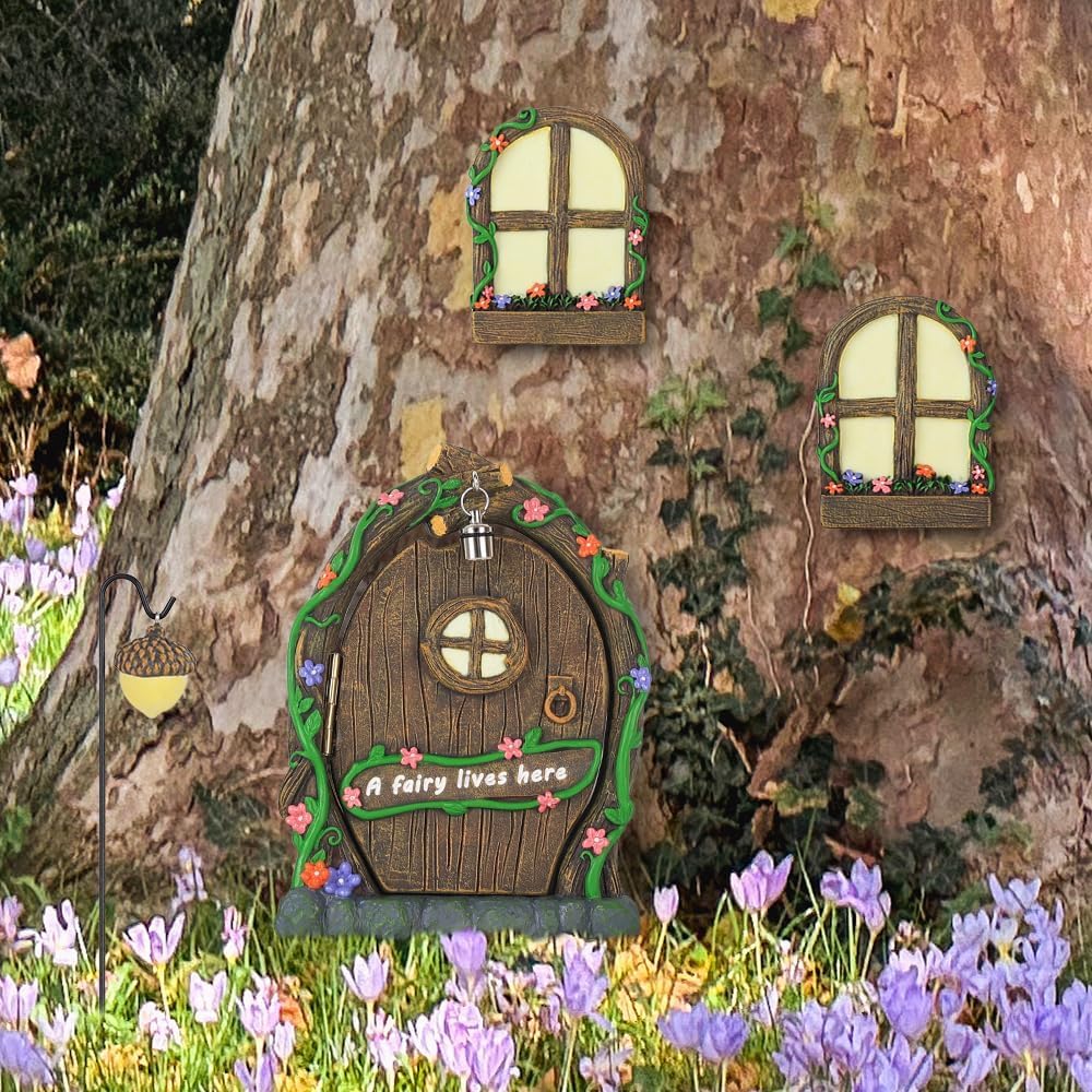MEETYAMOR Miniature Fairy Garden Accessories, 4 PCS Opening Fairy Door and Windows with Light for Trees, Glow in The Dark Yard Art Outdoor Statues Fairy House Kit Garden Decor for Outside