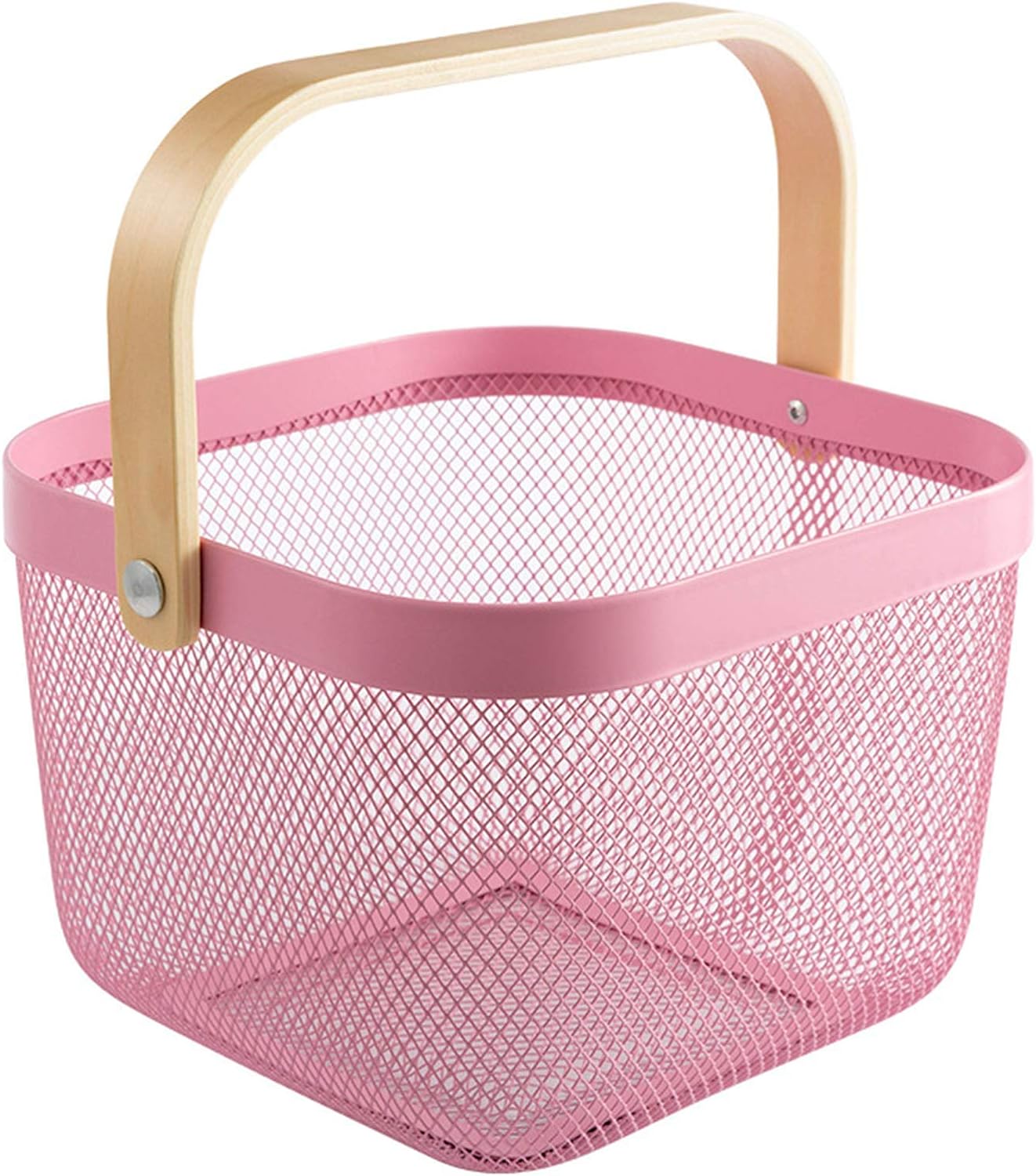 Metal Mesh Steel Basket, Storage Organizer Basket Multi-functional Hanging Kitchen Baskets Fruit Basket Bin with Bamboo Handle for Kitchen Bathroom Picnic Shopping Decor Cabinet Home, Pink