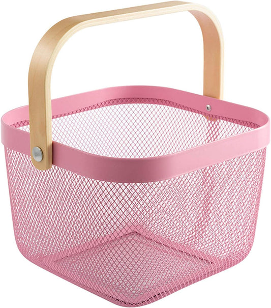 Metal Mesh Steel Basket, Storage Organizer Basket Multi-functional Hanging Kitchen Baskets Fruit Basket Bin with Bamboo Handle for Kitchen Bathroom Picnic Shopping Decor Cabinet Home, Pink
