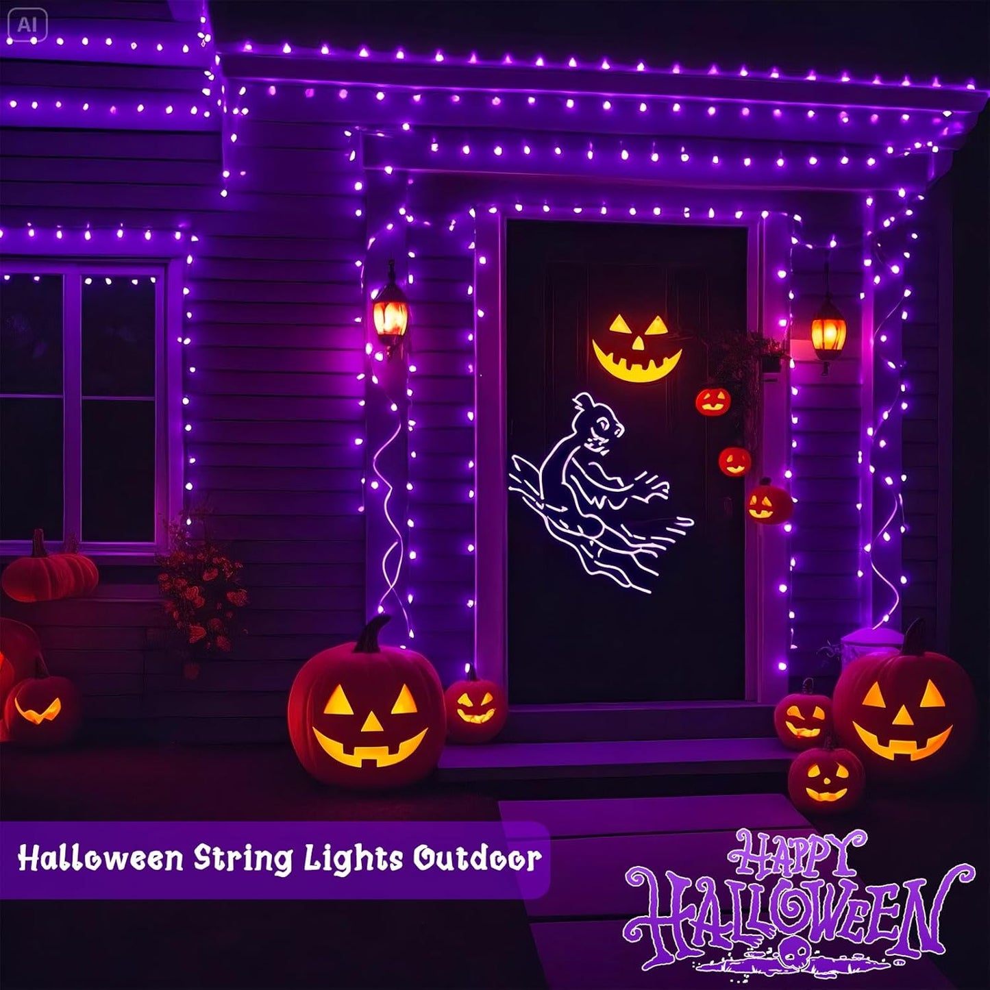 4 Pack Purple Solar Halloween Lights Outdoor Waterproof, 180FT 320 LED Solar String Lights with Green Wire 8 Modes Solar Fairy Twinkle Light for Tree Bush Garden Horror Party Halloween Decorations