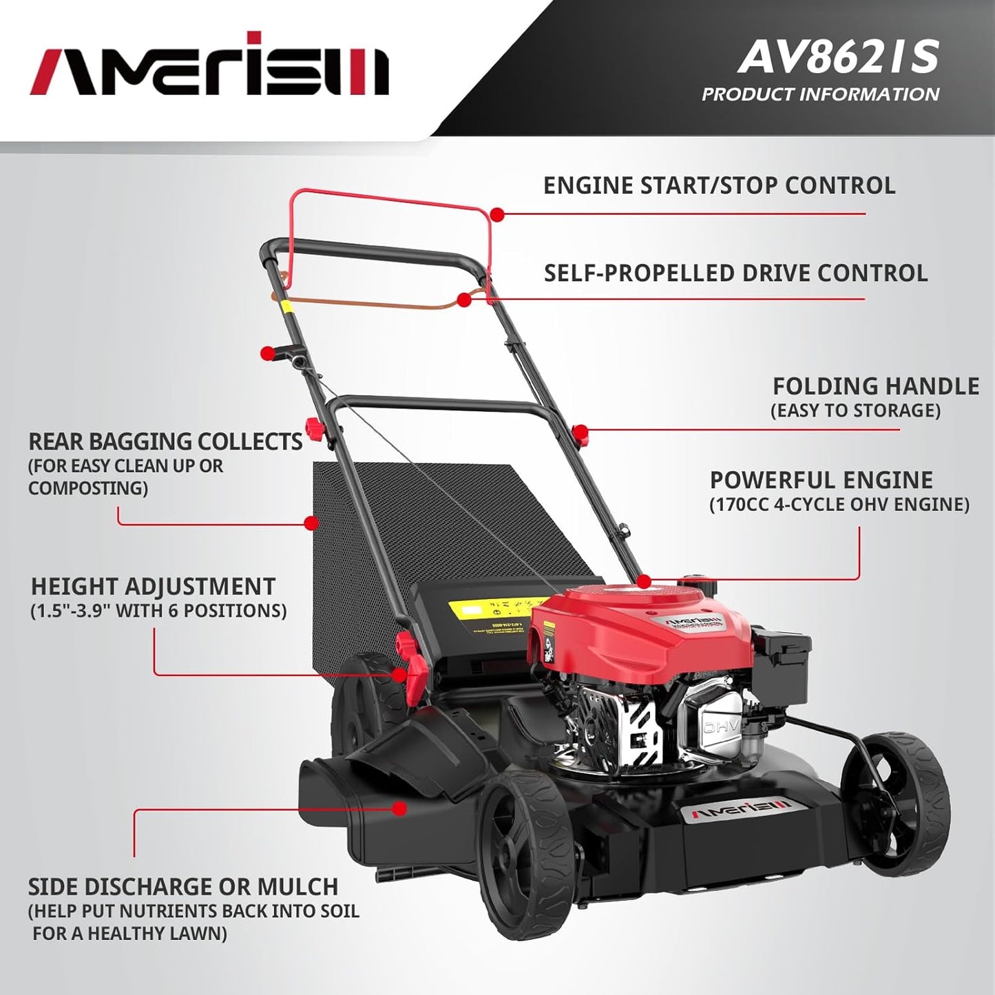 Self Propelled Gas Lawn Mower, 21" with 170cc 4-Cycle OHV Engine 3-in-1 RWD Self-Propelled Lawn Mower (AV8621S1)