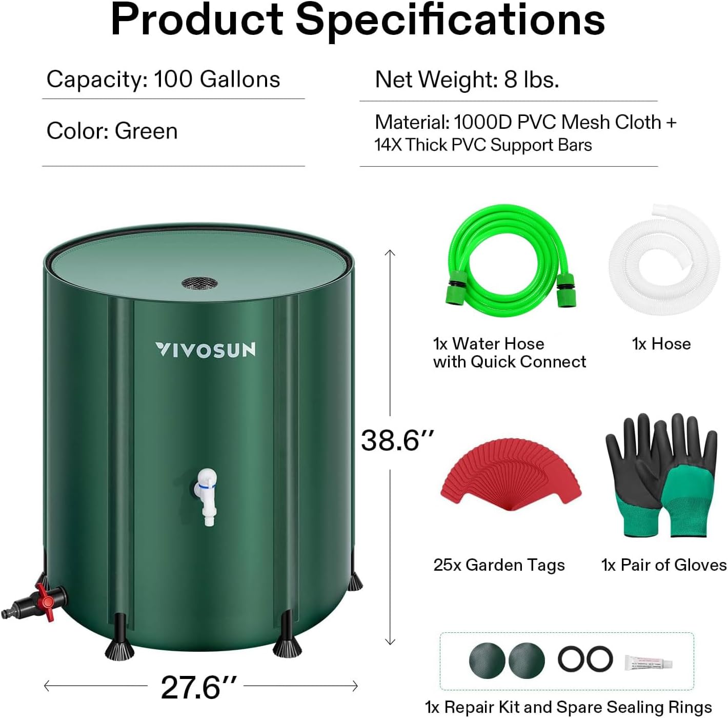 VIVOSUN Collapsible Rain Barrel, 100 Gallon Water Storage Tank with 1000D Oxford Cloth, Portable Rain Collection System Includes Two Spigots and Overflow Kit, Green