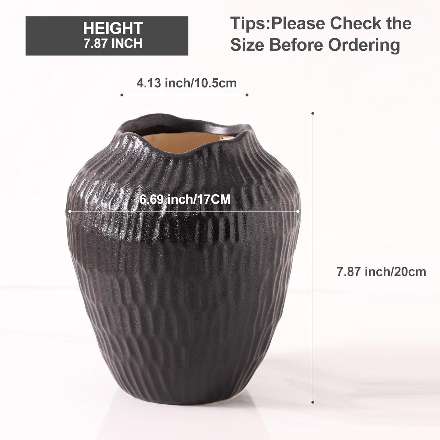 7.8 Inch Black Ceramic Vase - Modern Minimalist Round Vase for Centerpiece, Farmhouse, Living Room-Handcrafted Decorative Design for Dried Flowers, Plants, Home Decor, Rustic & Vintage Styles