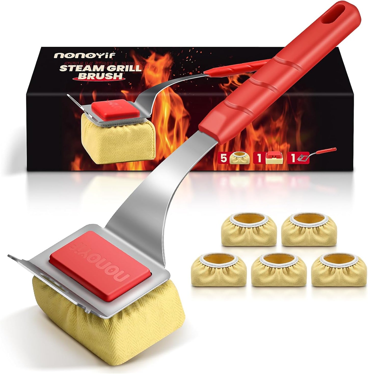 Grill Brush Bristle Free + 5 Replaceable Pads, Steam Grill Brush for Outdoor Grill, BBQ Grill Brush and Scraper for Cast Iron/Stainless Steel Grates, Safe Grill Cleaner Brush, Gift for Men Dad