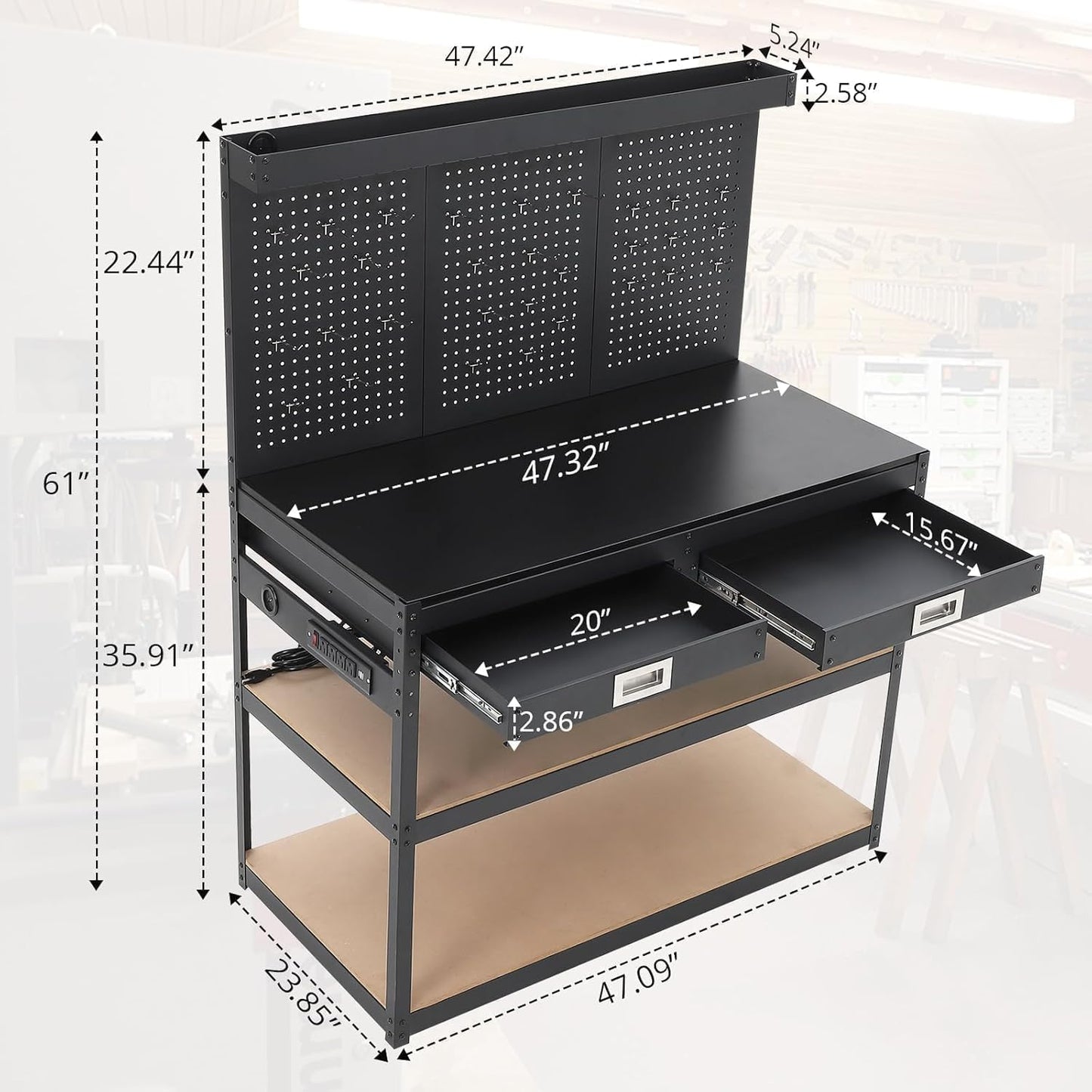 48'' 3-Tier Adjustable Workbench, Heavy Duty Workbench with Drawer and Backplate, 2000 LBS Capacity Work Table, Suitable for Office, Garage, Workshop