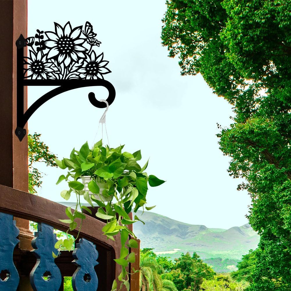 Peacoblue Iron Plant Hangers Hooks for Outdoor Indoor Hanging Plants Flower Fern Pots Lantern Bird Feeder Wind Chimes, 12"x15" Weather Resistant Metal Wall Holder for Porch Garden Farmhouse(Sunflower)
