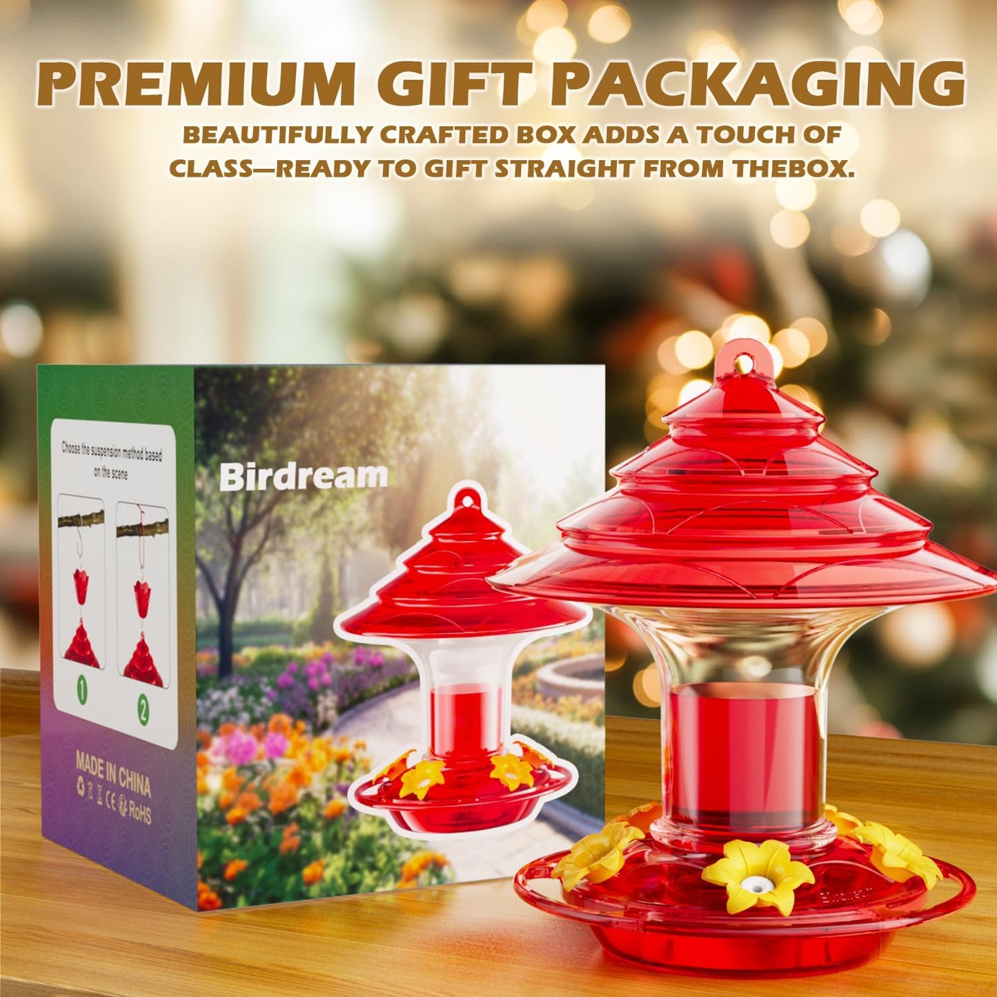 Birdream Hummingbird Feeder for Outdoors Hanging, 20oz Hummingbird Feeders with 5 Bee Guard Feeding Ports & Built-in Ant Moat Brush Leak-Proof for Outside Gifts for Women - Red