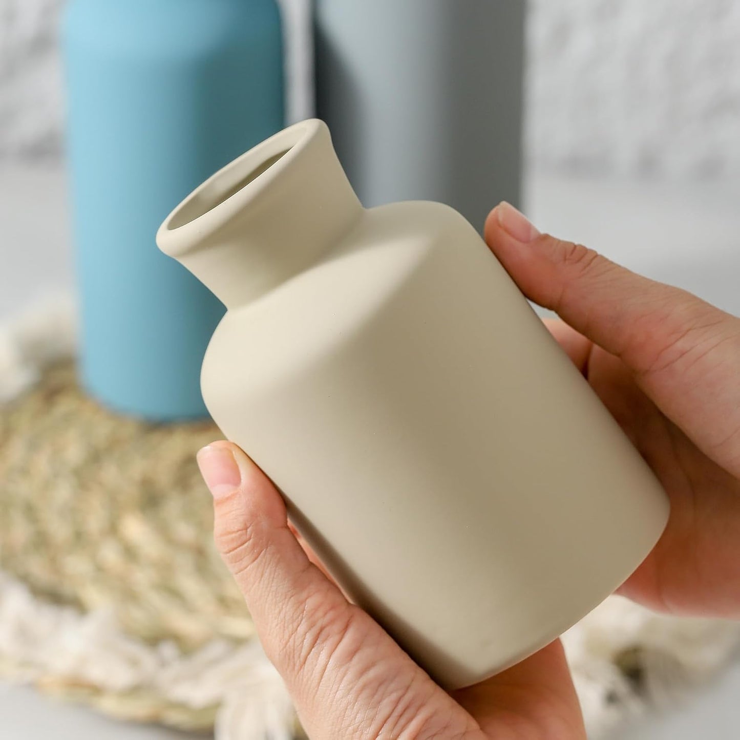 Ceramic Vase Set of 3, Neutral Modern Vases Home Decor Boho Vase Farmhouse Decor Flowers Pampas Vases for Table Mantel Entryway Shelf Living Room Kitchen Bathroom - Blue