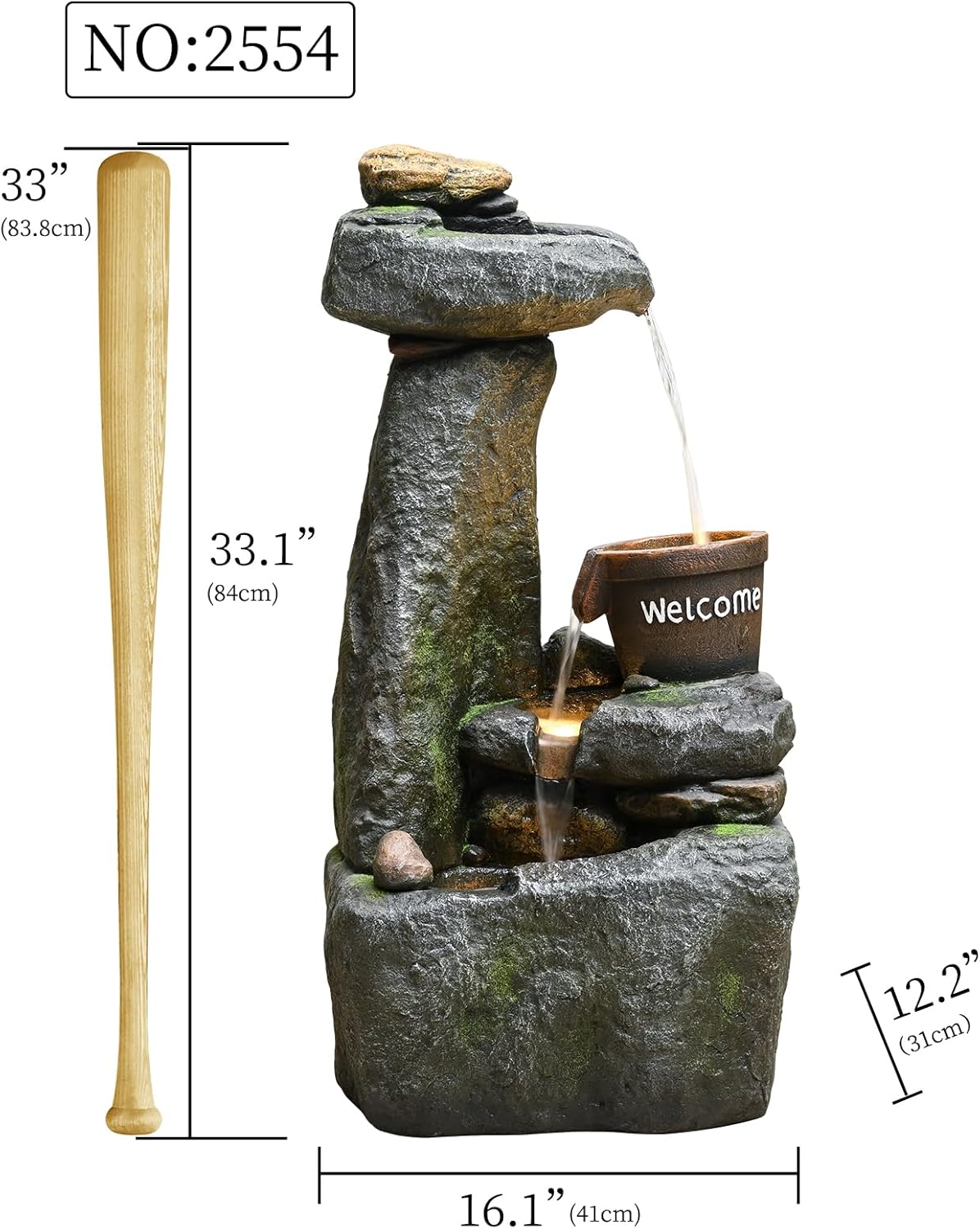 33" Outdoor Garden Water Fountain with Lights 4 Tiers Cascading Large Waterfall Floor Standing Fountain for Patio, Backyard, Deck, Porch and Home Art Decor