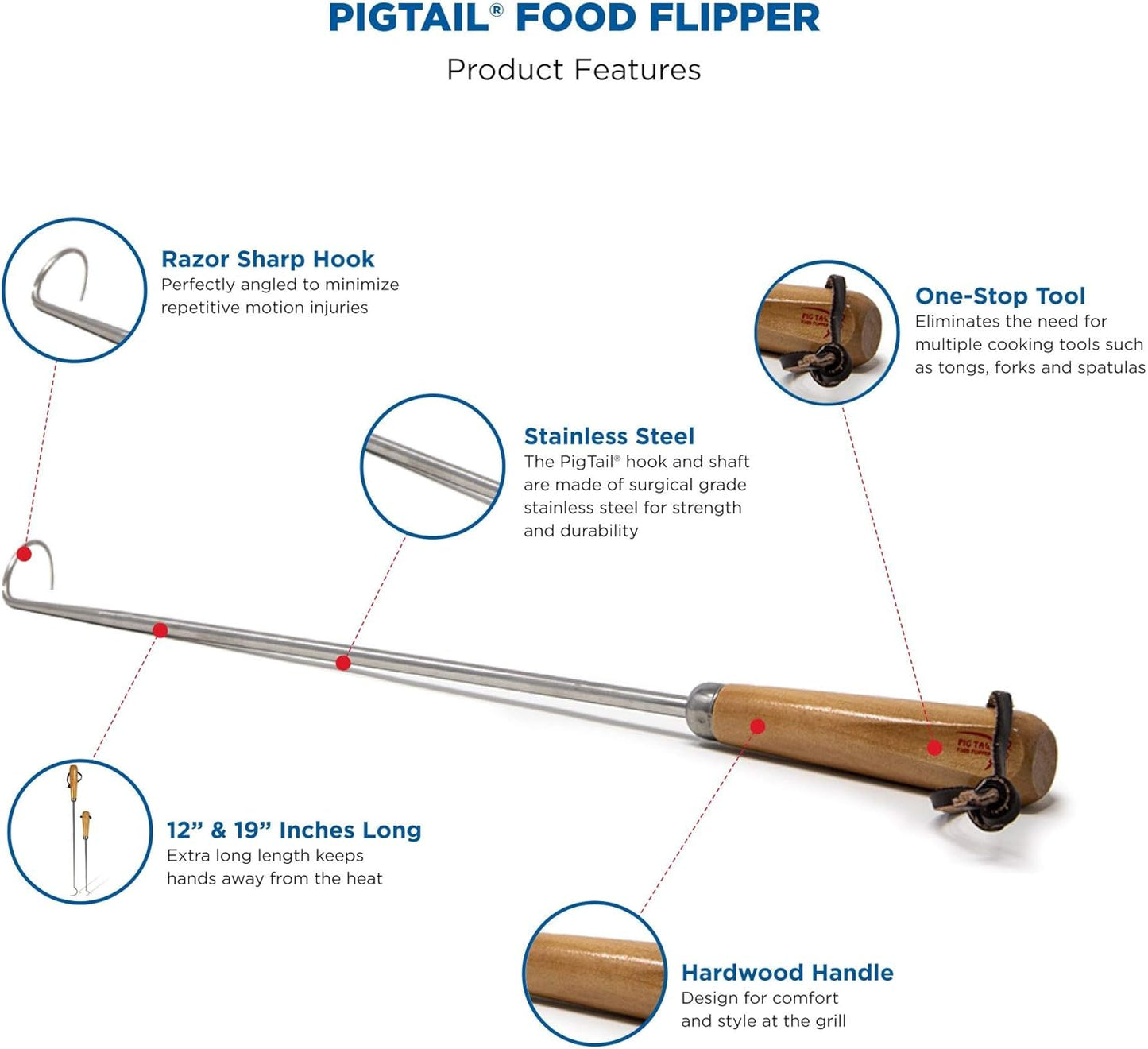 Jaccard Original Combo Pack with Wooden Gift Box, 12"/19", PigTail Food Flipper, Stainless Steel