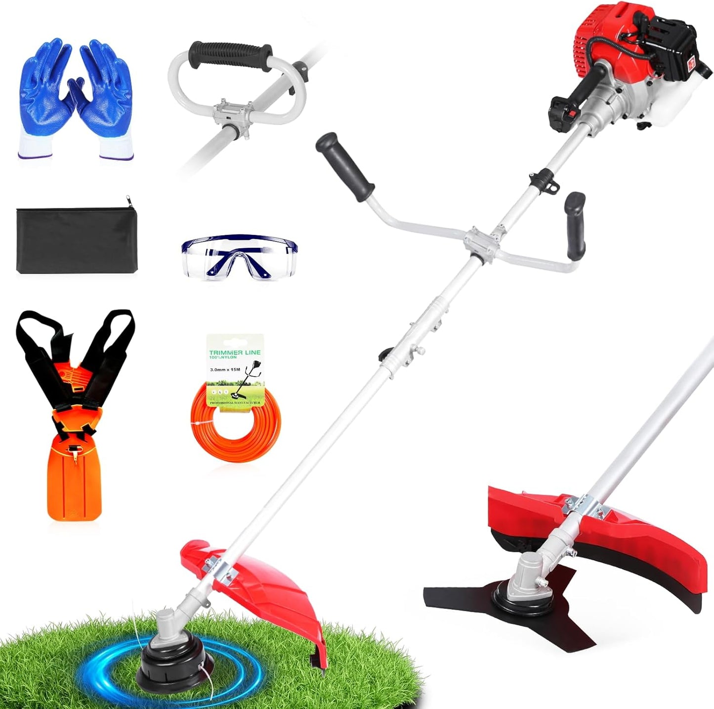 52cc Gas Powered Weed Eater and Brush Cutter 3-in-1, Heavy Duty Straight Shaft String Trimmer with Harness and 2 Heads for Tough Weeds, Grass, and Land Clearing (PT6080)