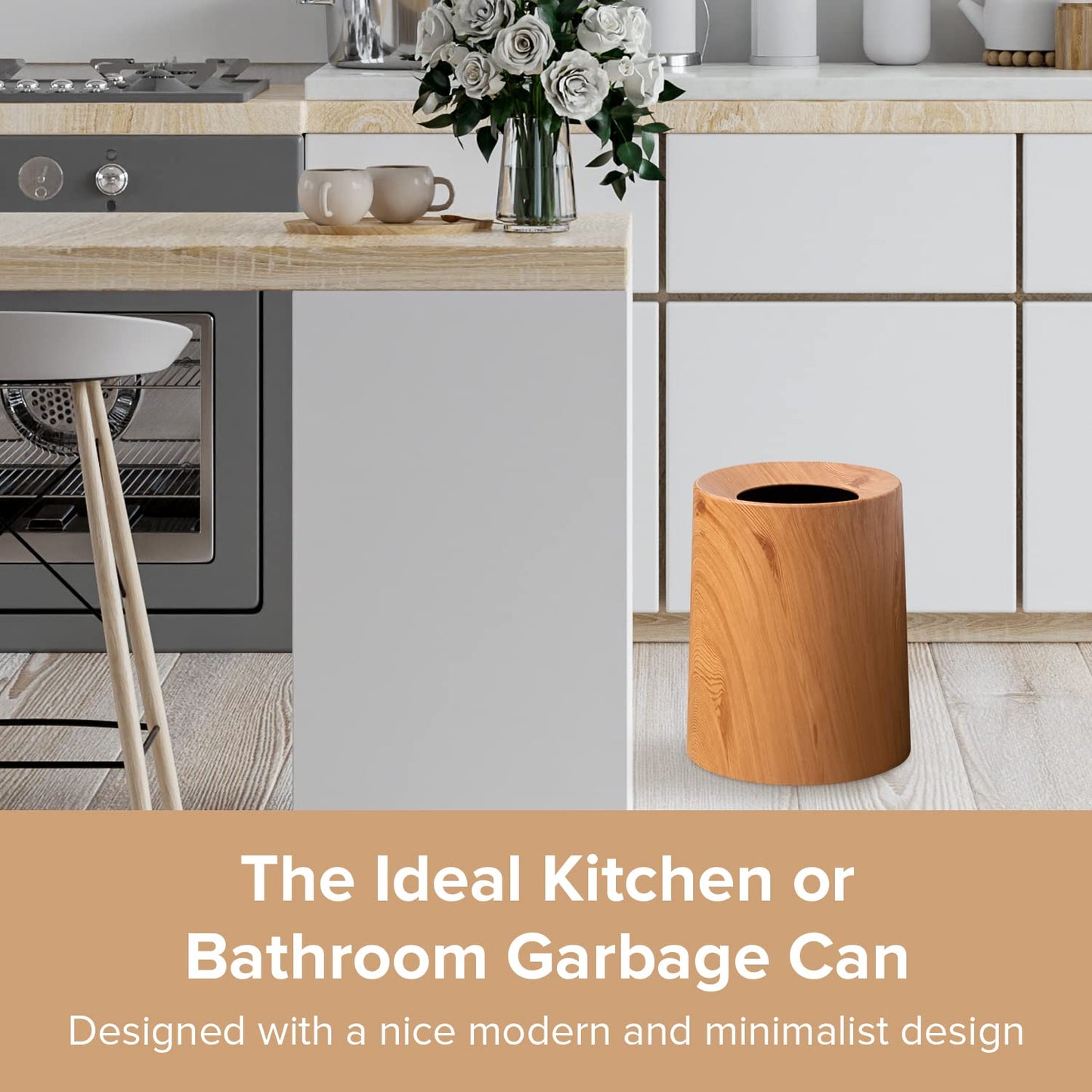 Anti Spill Nordic Wood Grain Look Waste Basket - Kids Pet Proof Garbage Container - Safer & Cleaner Indoor Outdoor Trash Can 3.2Gal - Patio Yard Entry Garbage Can - Round Modern Design 10"x10"x12"