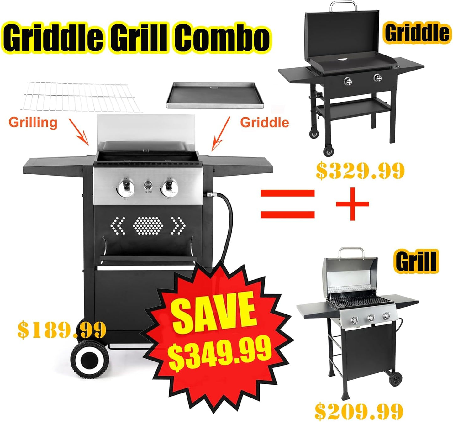 GREEN PARTY 2 Burner Griddle Grill Combo, 2 in 1 Propane Gas BBQ Grill w/Cast Iron Plate, 20,000 BTU Output Small Flat Top Propane Barbecue Grill for Camping, Patio, Backyard, Balcony