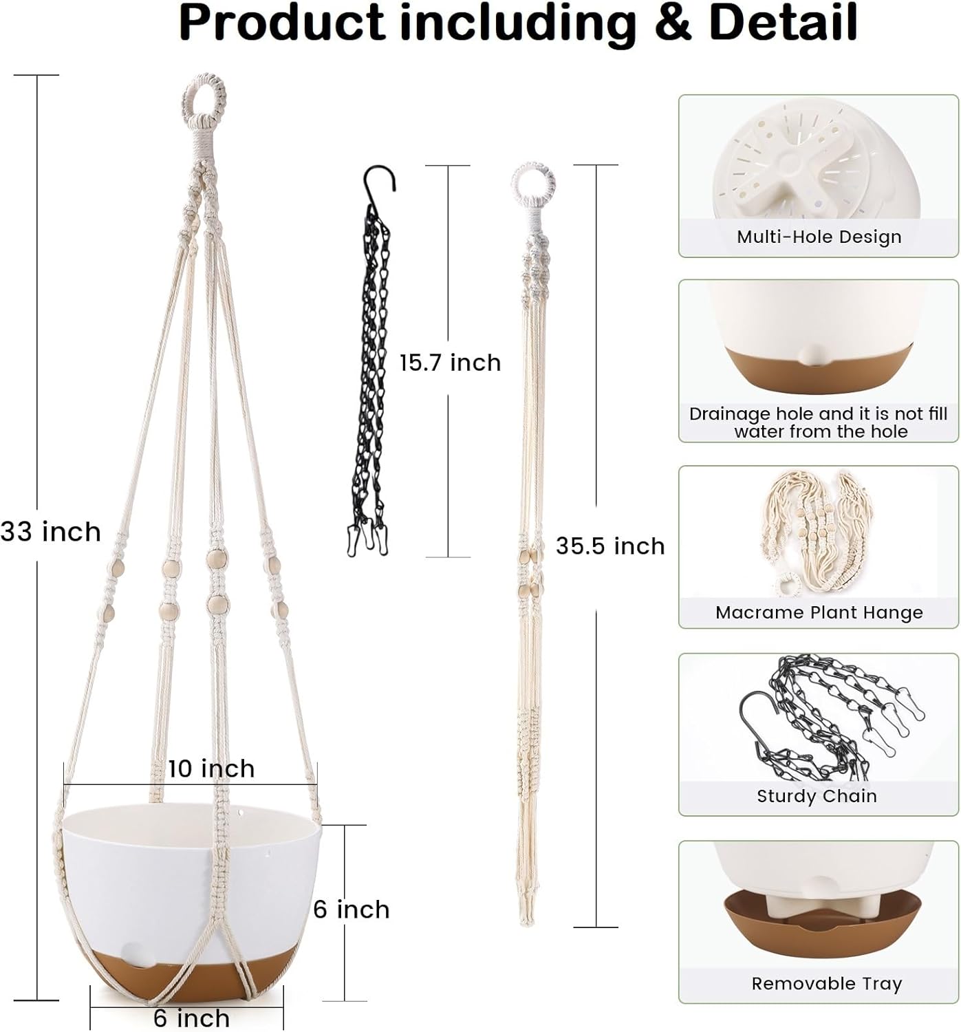 10 Inch Hanging Planter, 2 Pack Hanging Plant Self Watering Pot with Drainage Holes and Saucers, Hanging Baskets Flower Pots with Macrame Rope Hangers for Garden Home -White