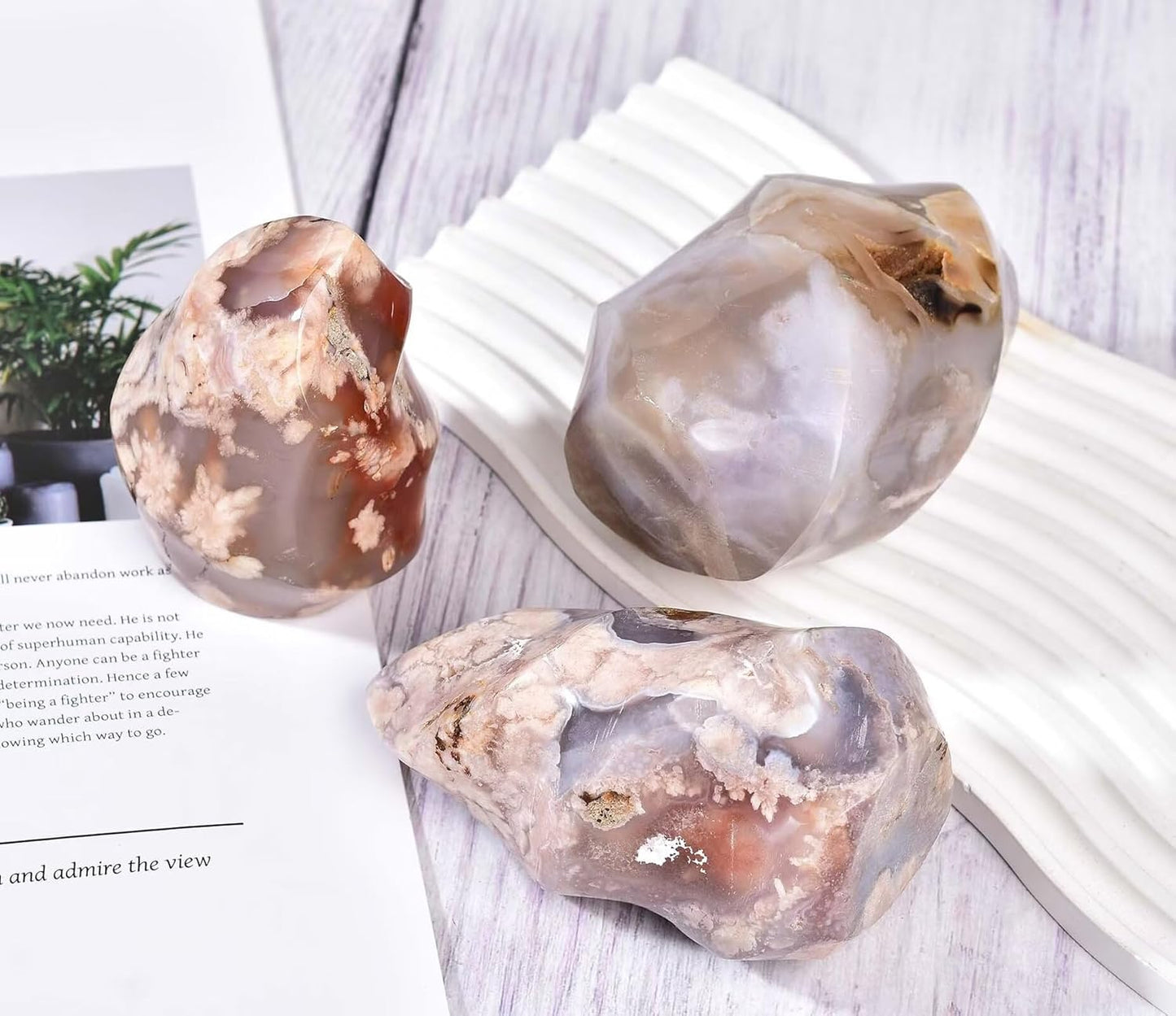 AMOYSTONE Cherry Blossom Agate Flame Shaped Stone Towers Obelisk Flower Agate Natural Healing Crystal Quartz Reiki Energy Decoration Home Office Small 1.0LBS