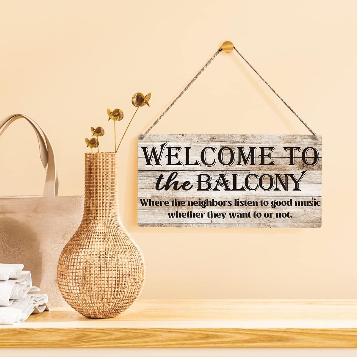 Welcome To The Balcony Sign Farmhouse Listen To Good Music Wooden Hanging Sign Plaque Retro Wall Art Decor Home Decoration 12 x 6 Inches