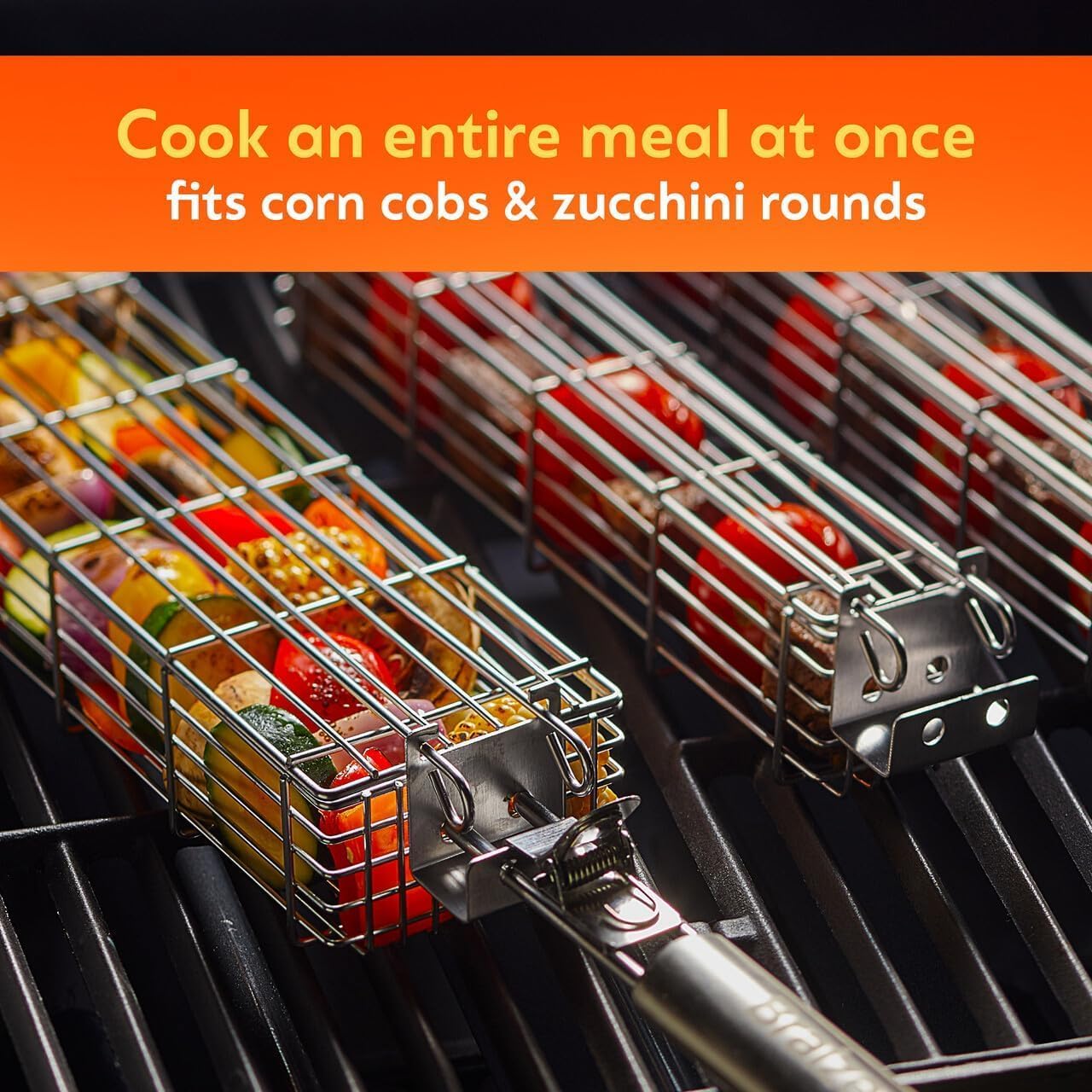 Kabob Grilling Baskets – Set of 3 Stainless Steel BBQ Baskets (12" x 2" x 2") with Removable Handle and Latching Lid – Great for Grilling Vegetables or Meat Over Campfires and Outdoor Grills