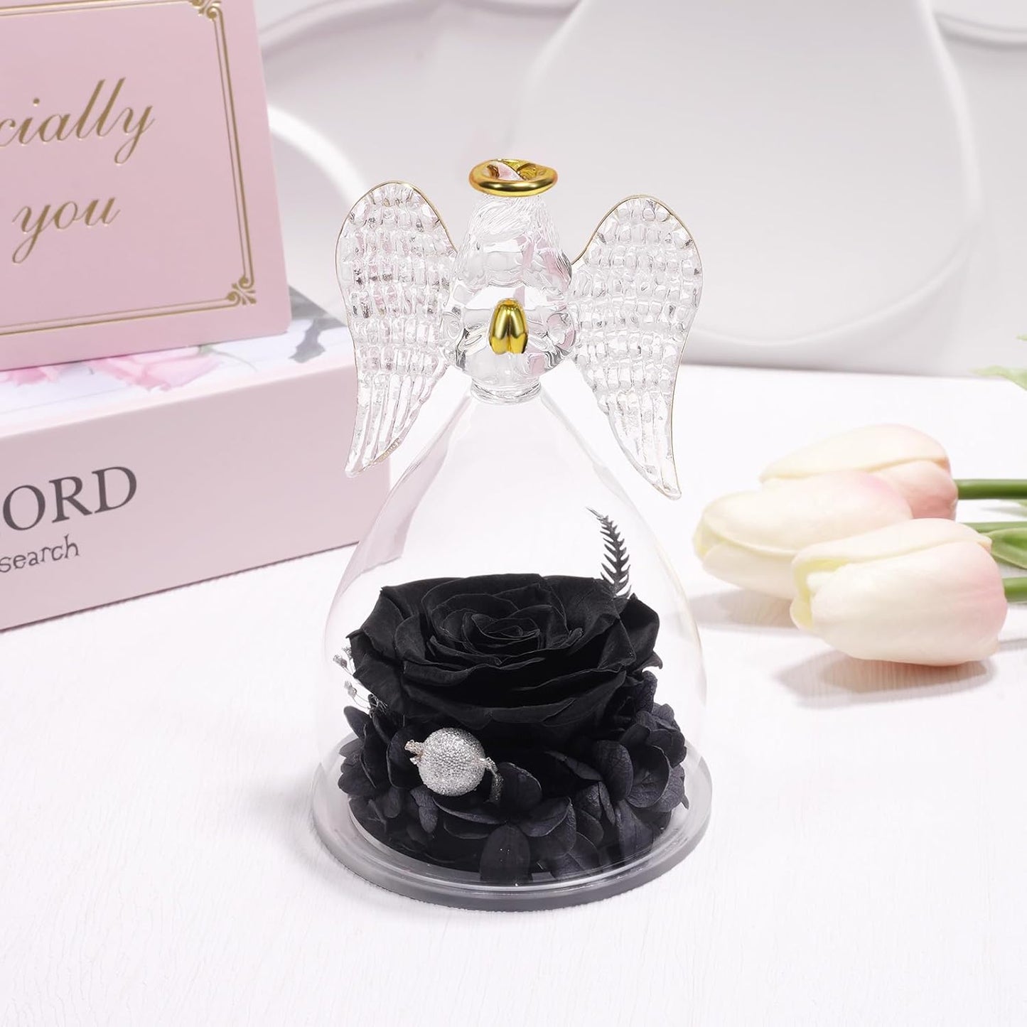 Yamonic Mom Birthday Gifts for Mom, Angel Figurines with Real Rose Gifts for Her Mom Grandma,Preserved Rose Angel Figurines for Women, Mothers Day Christmas Valentine's Day Gifts for Women (Black)