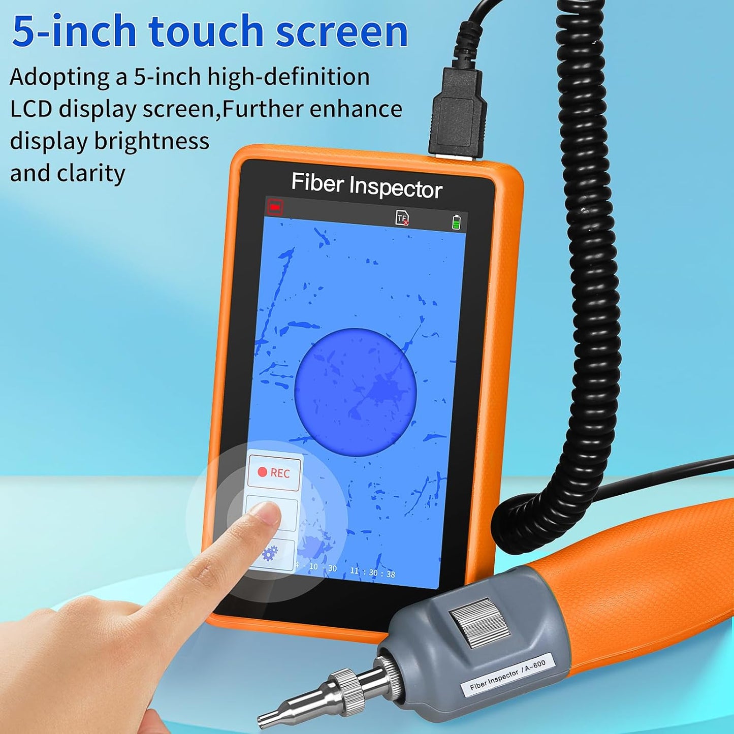 Orange A-600 Handheld 400x Fiber Optic end face Detector Magnifier Fiber Optic Microscope 5-inch high-Definition Touch Screen for SC/FC/ST/LC UPC Male/Female Head Interface Fiber Inspector (A-600U)