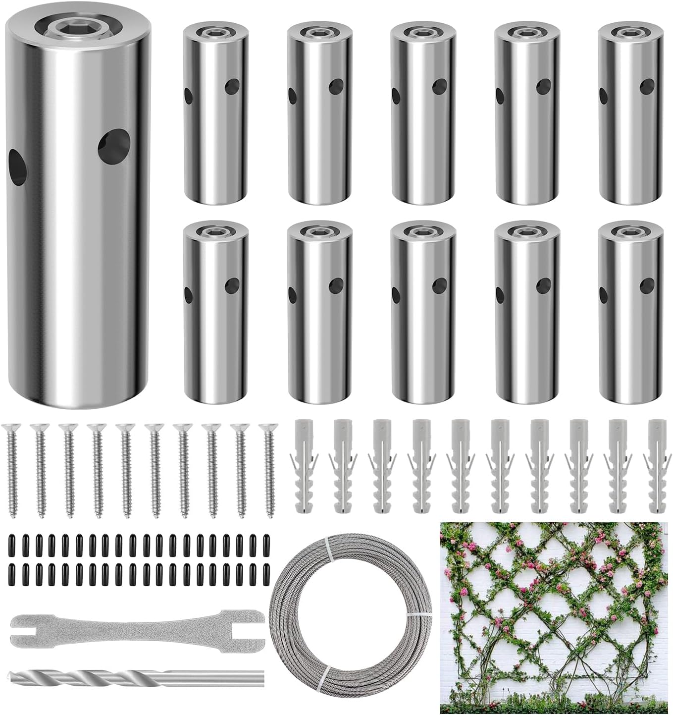 10 Sets Cylindrical Hubs Wall Trellis Kits, Wire Trellis for Climbing Plants Outdoor with 53Ft x 1/8" T316 Stainless Steel Rope, Garden Wire Trellis System for Espalier & Vertical Gardening