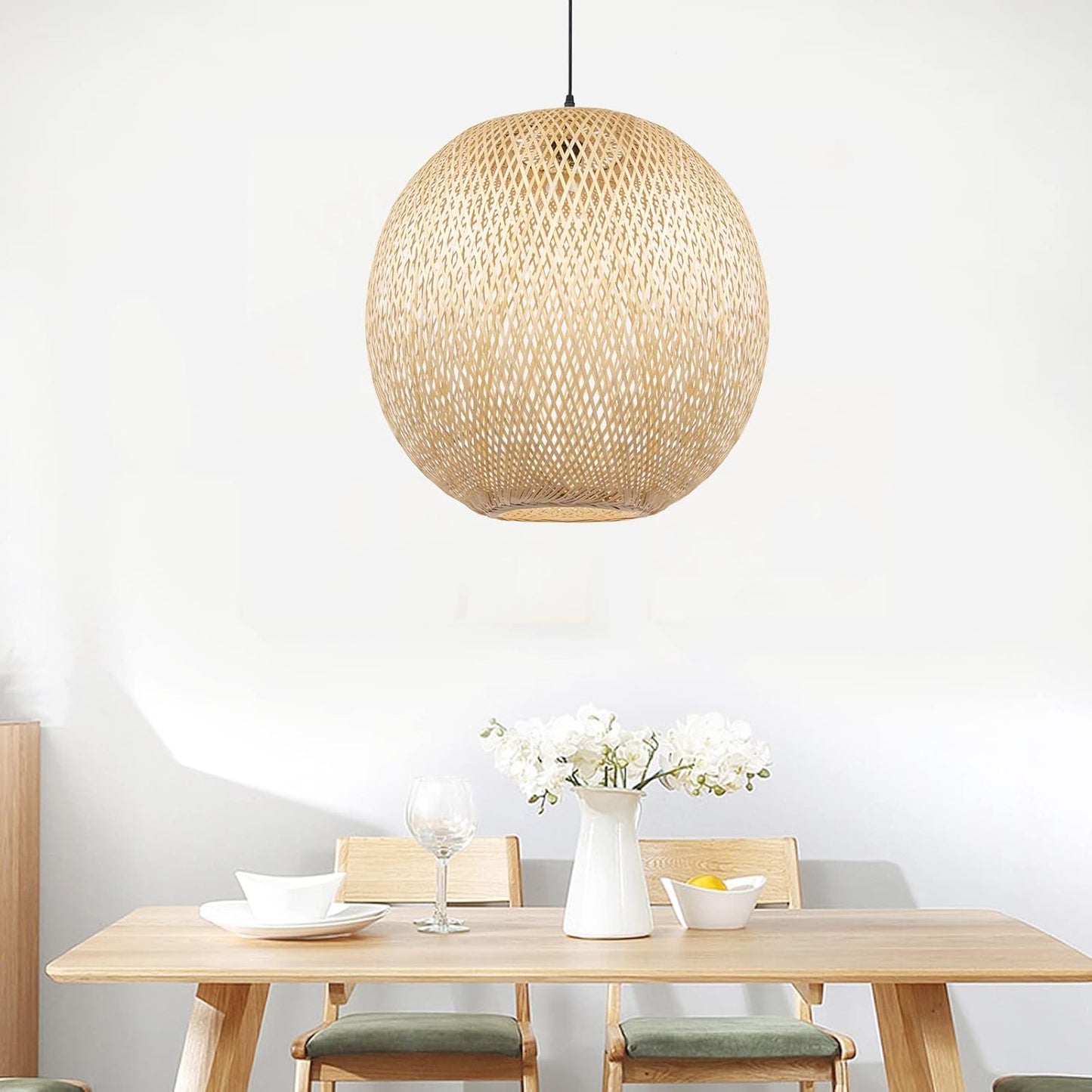 Arturesthome 15.7" Bamboo Pendant Lights, Round Wicker Chandelier, Hand-Woven Boho Basket Lampshade Hanging Ceiling Light for Kitchen Island Living Room