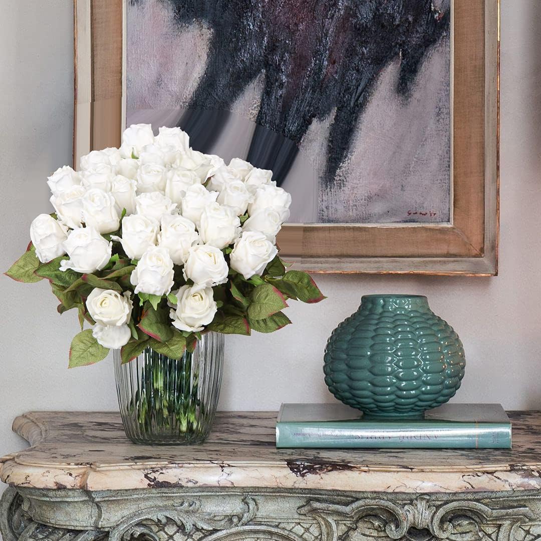 Artificial Realistic Roses White Flowers 24" Real Touch Silk Roses Bouquet Long Stems Rose Fake Roses Decor for Home Party Wedding Table Centerpieces Roses Realistic - 5 Pcs