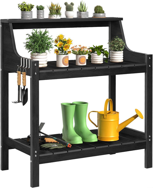 Potting Bench Table, HDPS Potting Bench with 4 Side Hooks, All-Weather Garden Table Work Station, Outdoor Potting Table for Porch, No Rust, No Fade, No Break, 360lbs Capacity (Black, Large)
