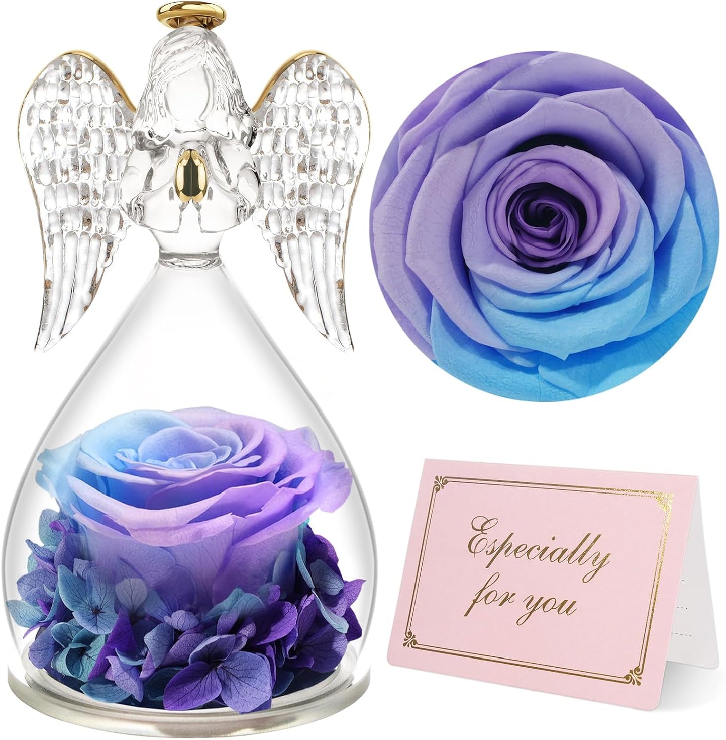 Yamonic Gifts for Mom Birthday,Angel Figurines with Real Rose Gifts for Her Mom Grandma,Preserved Flower Rose for Valentines Day Mothers Day Christmas Anniversary Birthday Gifts for Women(Blue-purple)