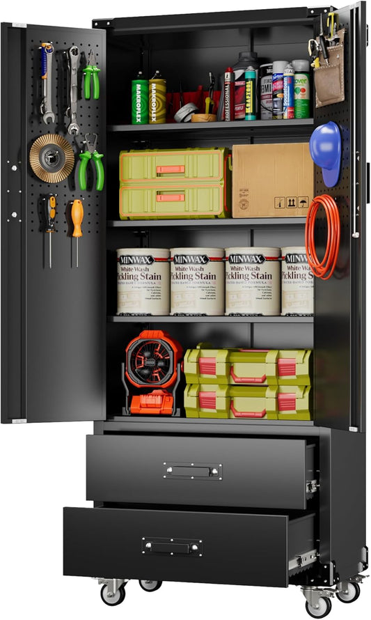 Aobabo 2 Large Drawer Metal Storage Cabinet with Wheels, Lockable Steel Storage Cabinet with 3 Adjustable Shelves and 6 Hooks for Home, Office, Garage, Classroom, Black, Assembly Required